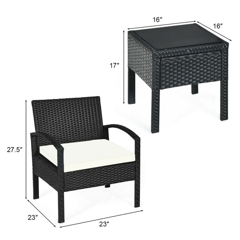 3 Piece Outdoor Rattan Patio Conversation Set With Cushions And Sturdy Coffee Table