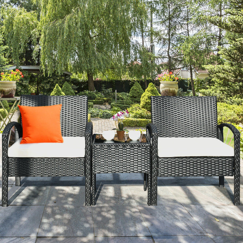 3 Piece Outdoor Rattan Patio Conversation Set With Cushions And Sturdy Coffee Table