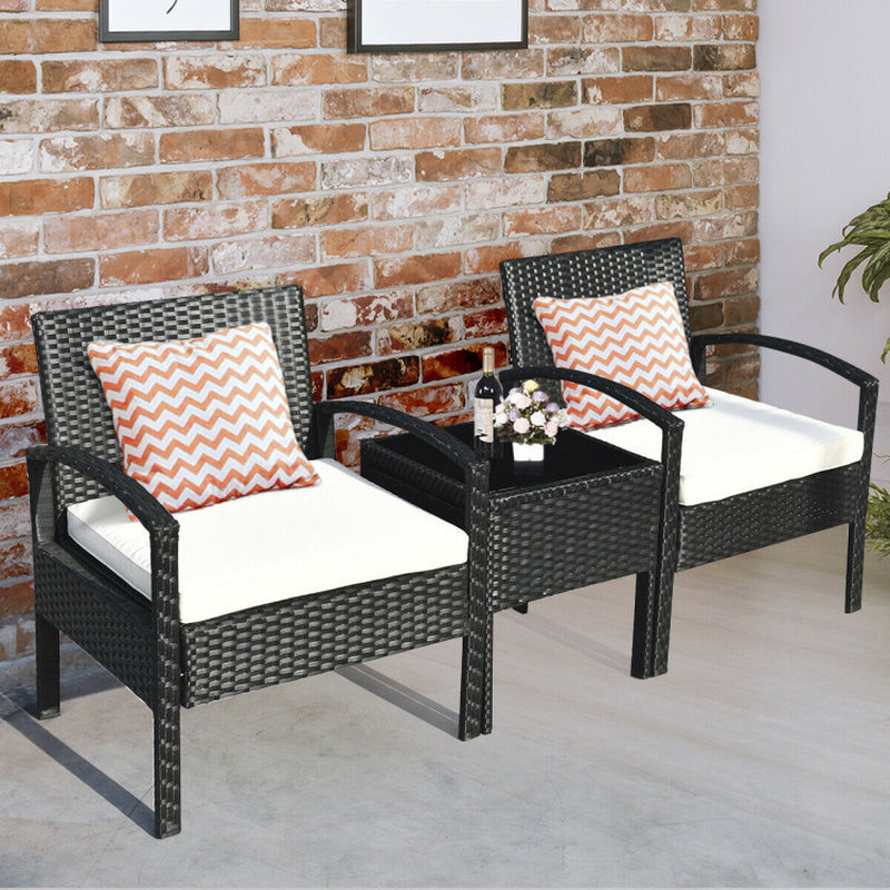 3 Piece Outdoor Rattan Patio Conversation Set With Cushions And Sturdy Coffee Table