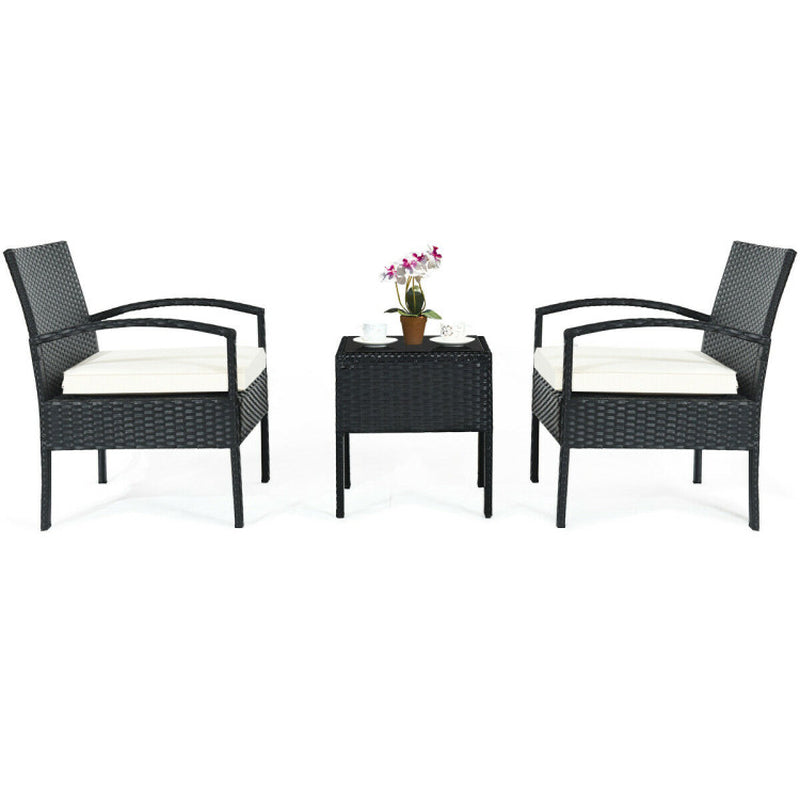 3 Piece Outdoor Rattan Patio Conversation Set With Cushions And Sturdy Coffee Table