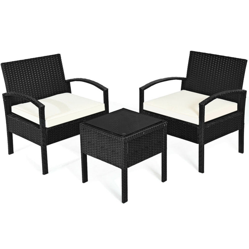 3 Piece Outdoor Rattan Patio Conversation Set With Cushions And Sturdy Coffee Table