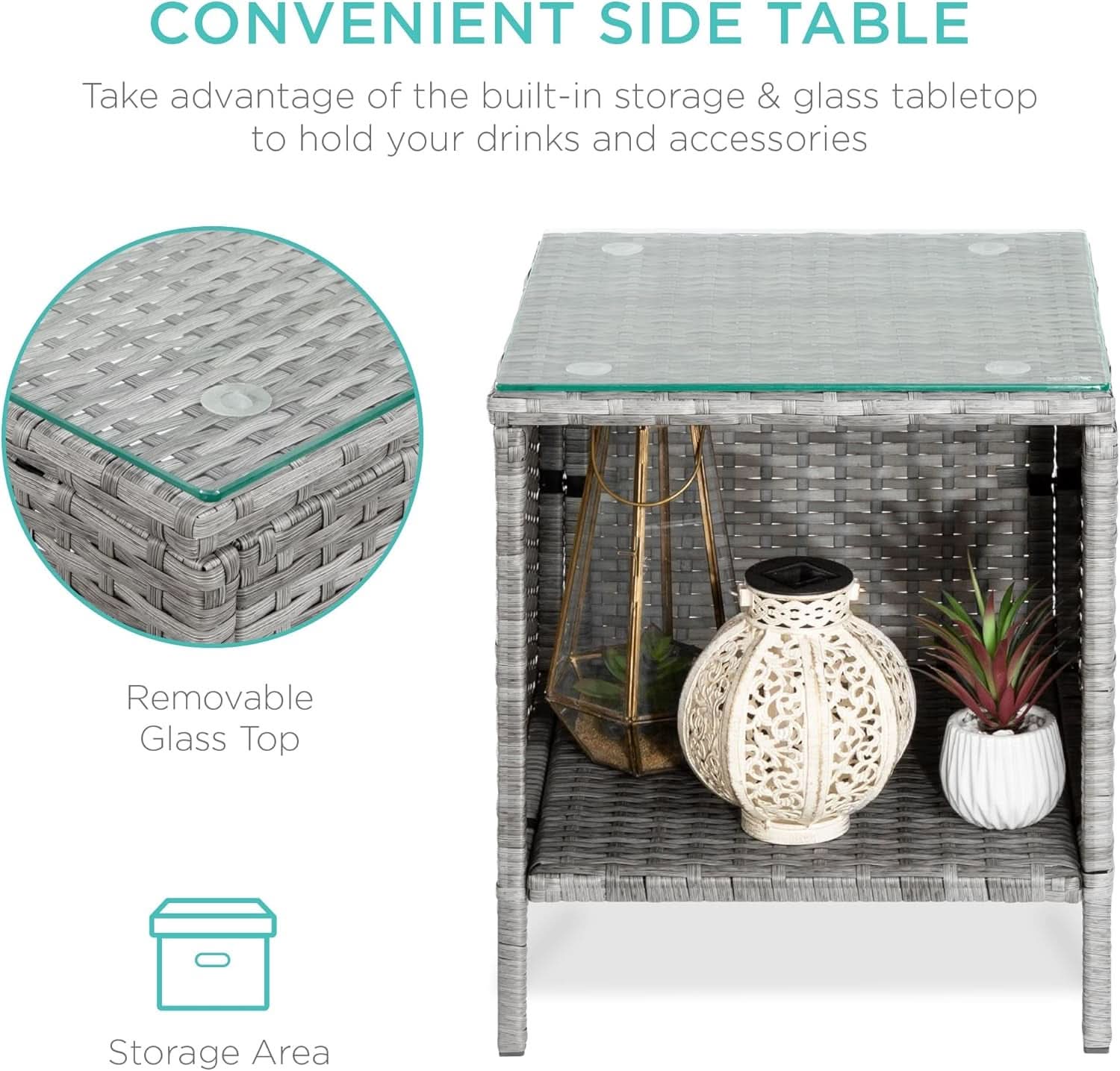 3 Piece Outdoor Wicker Bistro Set With Side Table