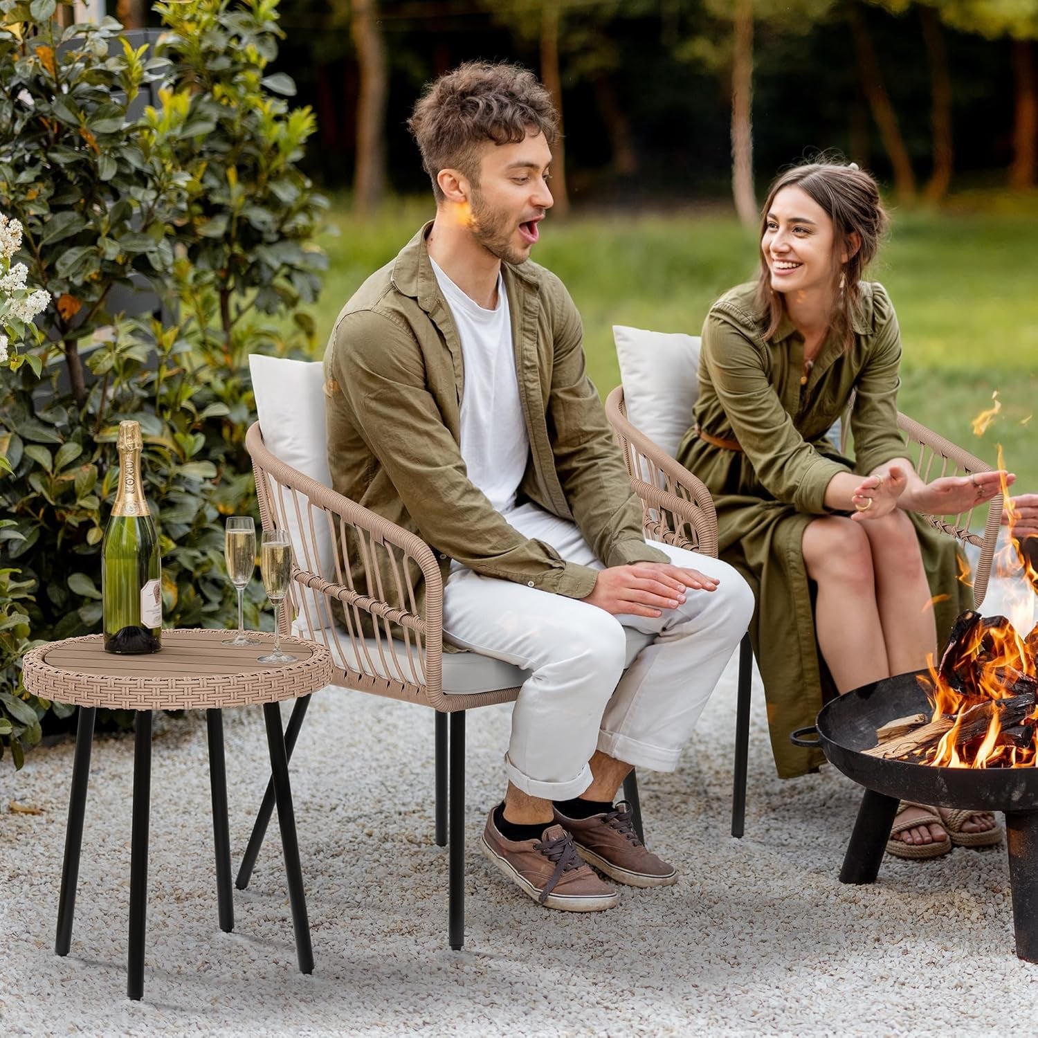 3 Piece Outdoor Wicker Patio Conversation Set With All Weather Cushions And Table