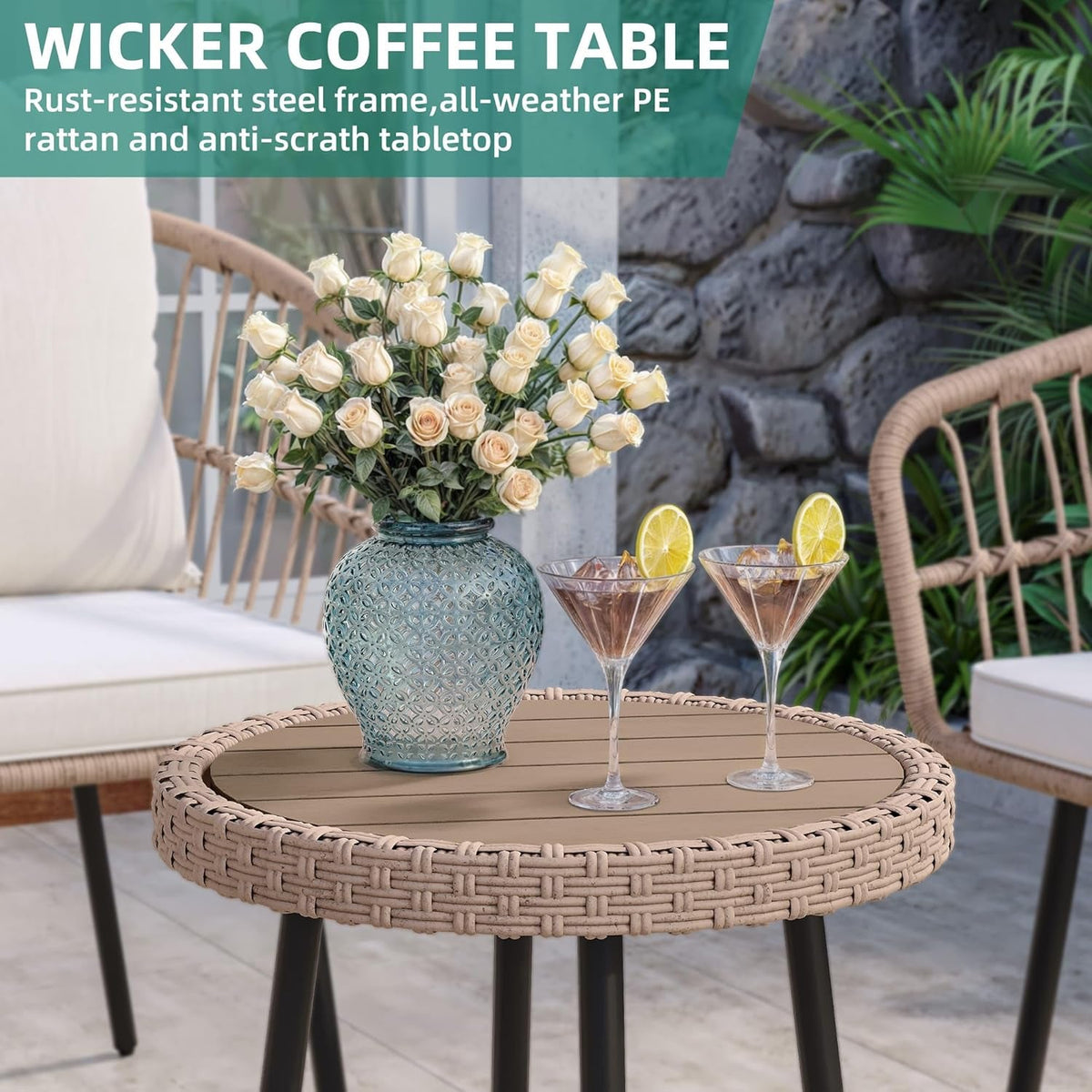 3 Piece Outdoor Wicker Patio Conversation Set With All Weather Cushions And Table