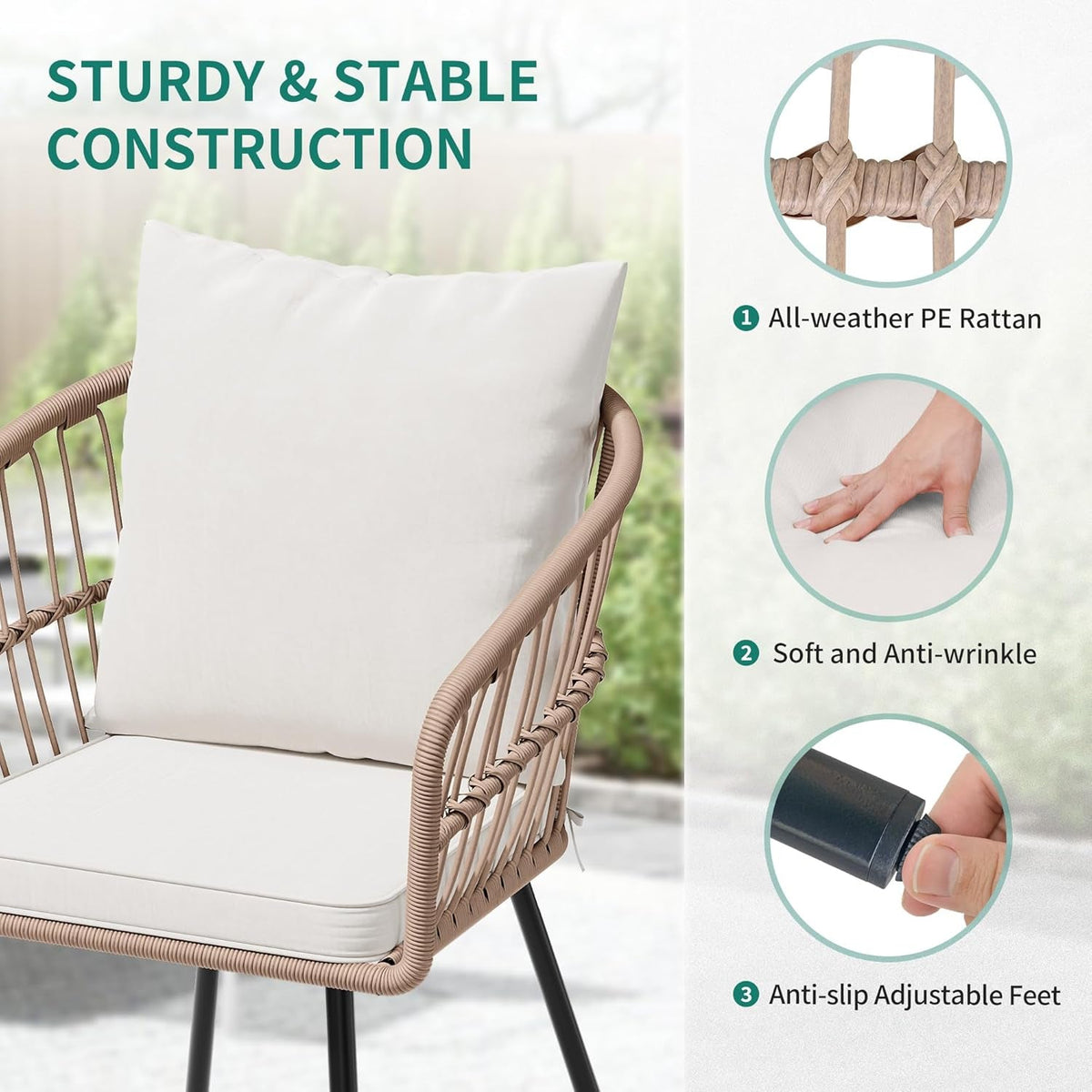 3 Piece Outdoor Wicker Patio Conversation Set With All Weather Cushions And Table
