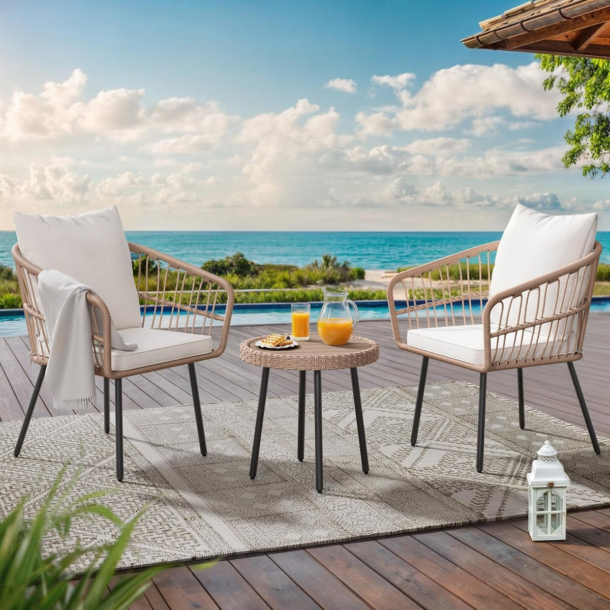 3 Piece Outdoor Wicker Patio Conversation Set With All Weather Cushions And Table