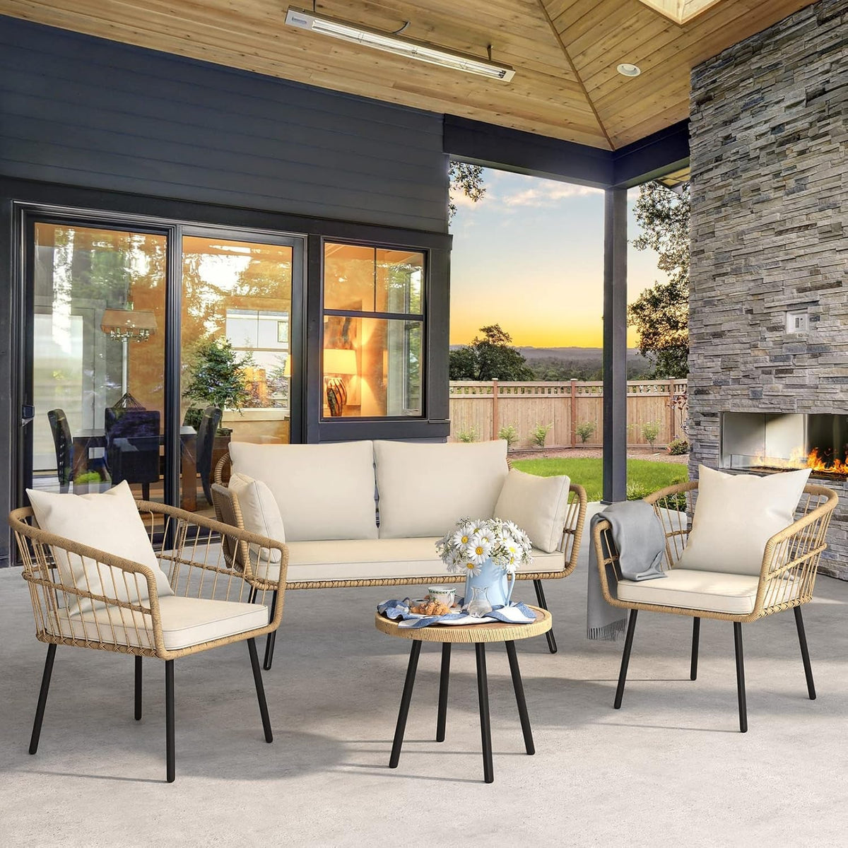 3 Piece Outdoor Wicker Patio Conversation Set With All Weather Cushions And Table