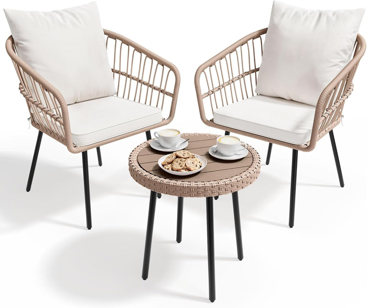 3 Piece Outdoor Wicker Patio Conversation Set With All Weather Cushions And Table