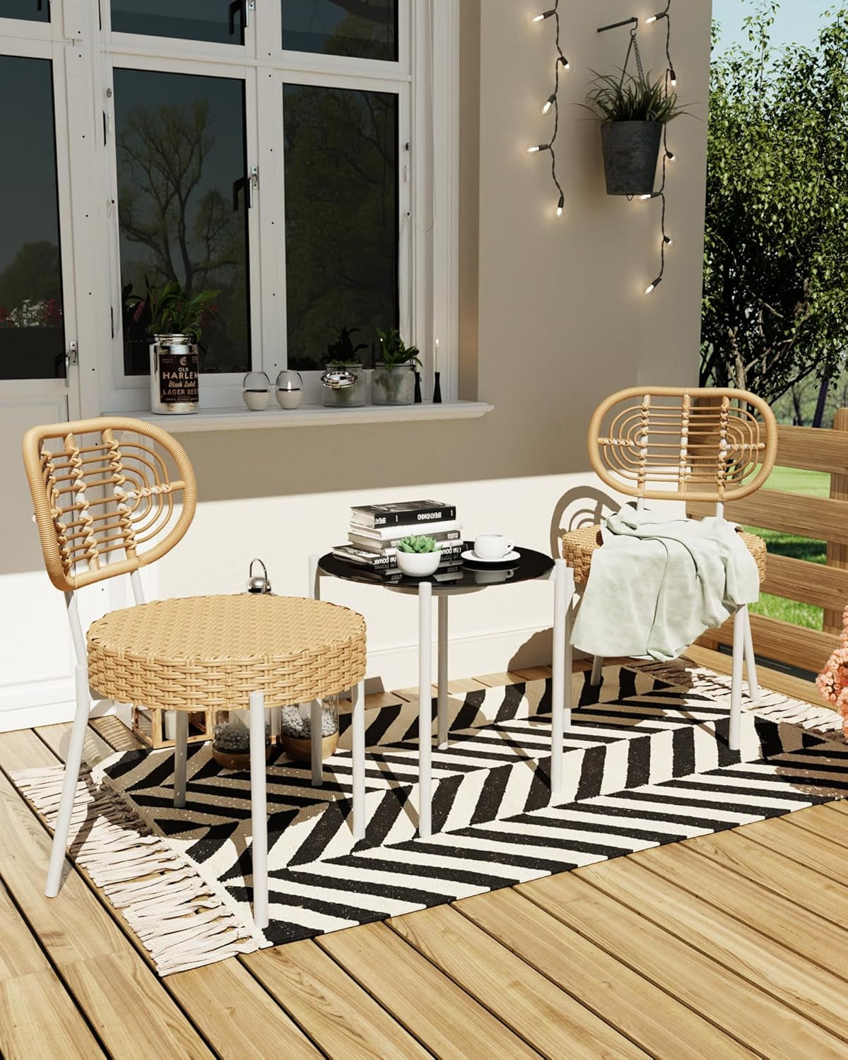 3 Piece Outdoor Wicker Patio Set All Weather Rattan Bistro Set With Table Cushions Brown And White