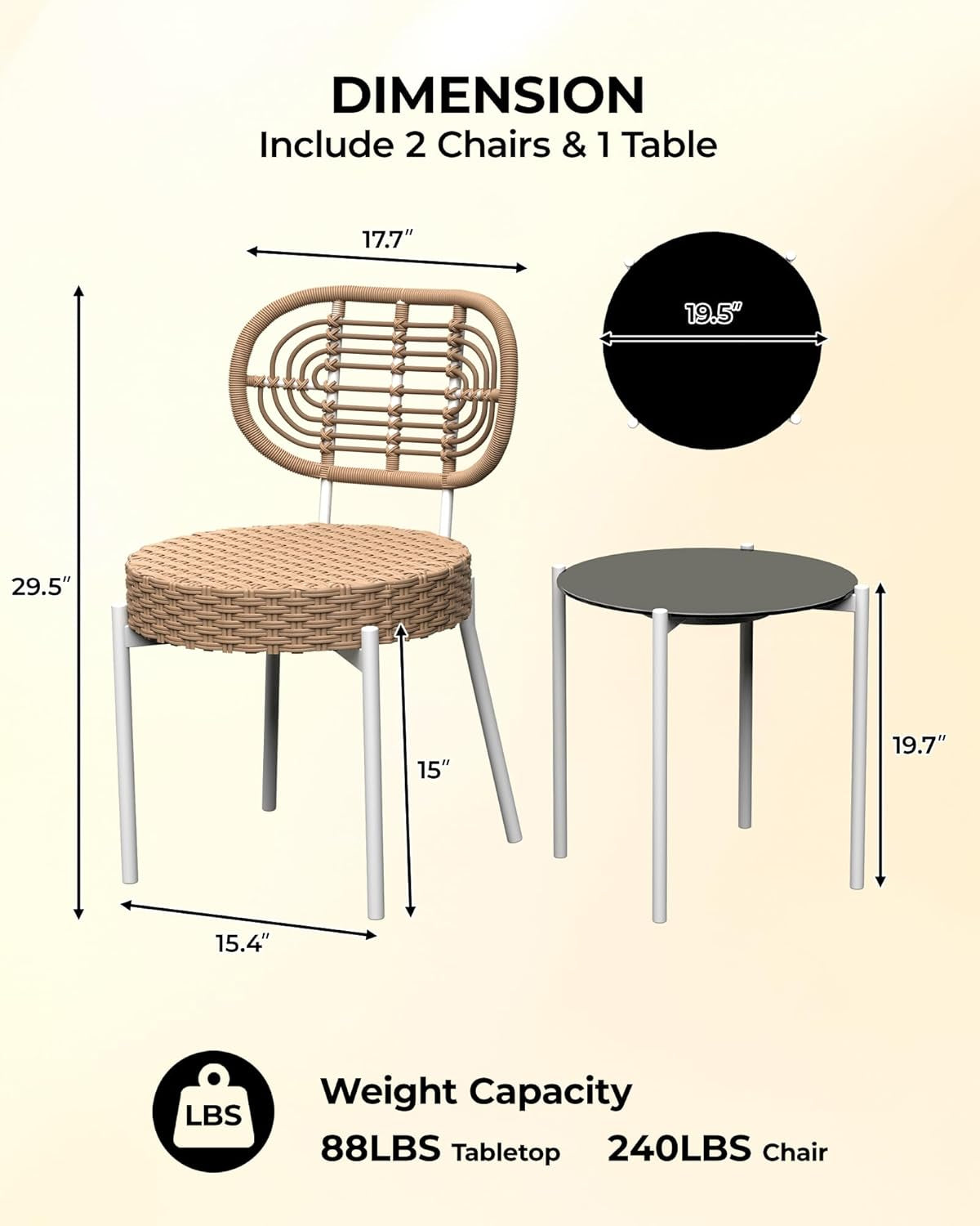 3 Piece Outdoor Wicker Patio Set All Weather Rattan Bistro Set With Table Cushions Brown And White