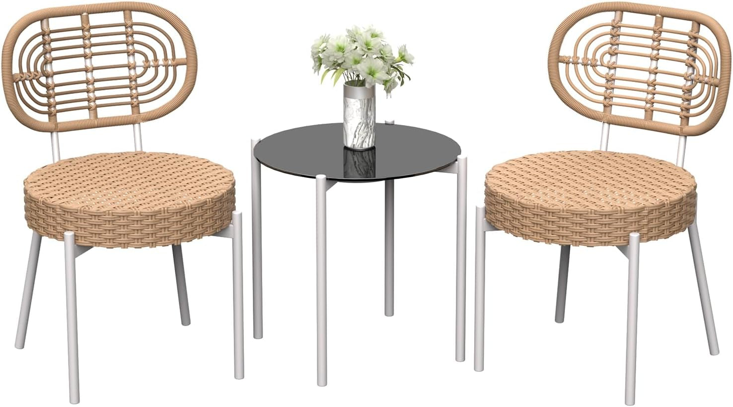 3 Piece Outdoor Wicker Patio Set All Weather Rattan Bistro Set With Table Cushions Brown And White
