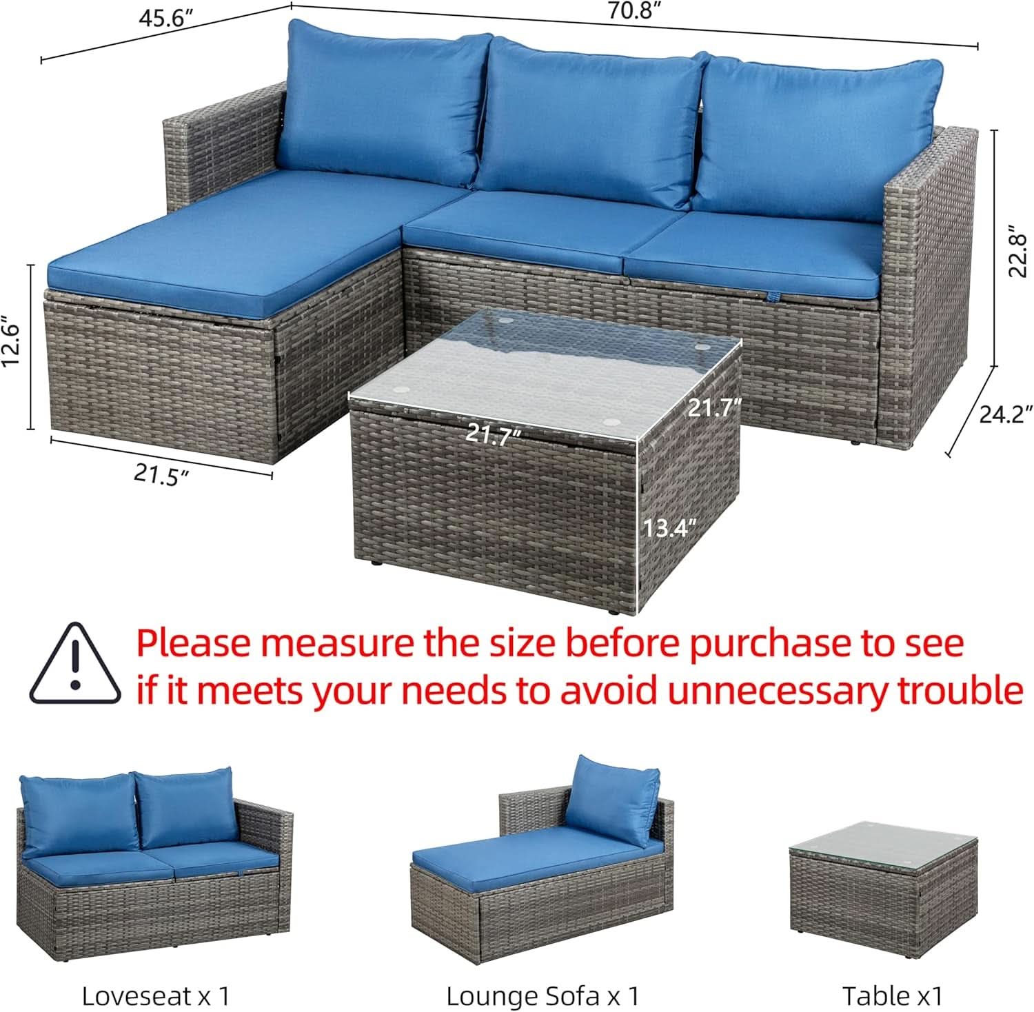 3-Piece Outdoor Wicker Sofa Set with Glass Table