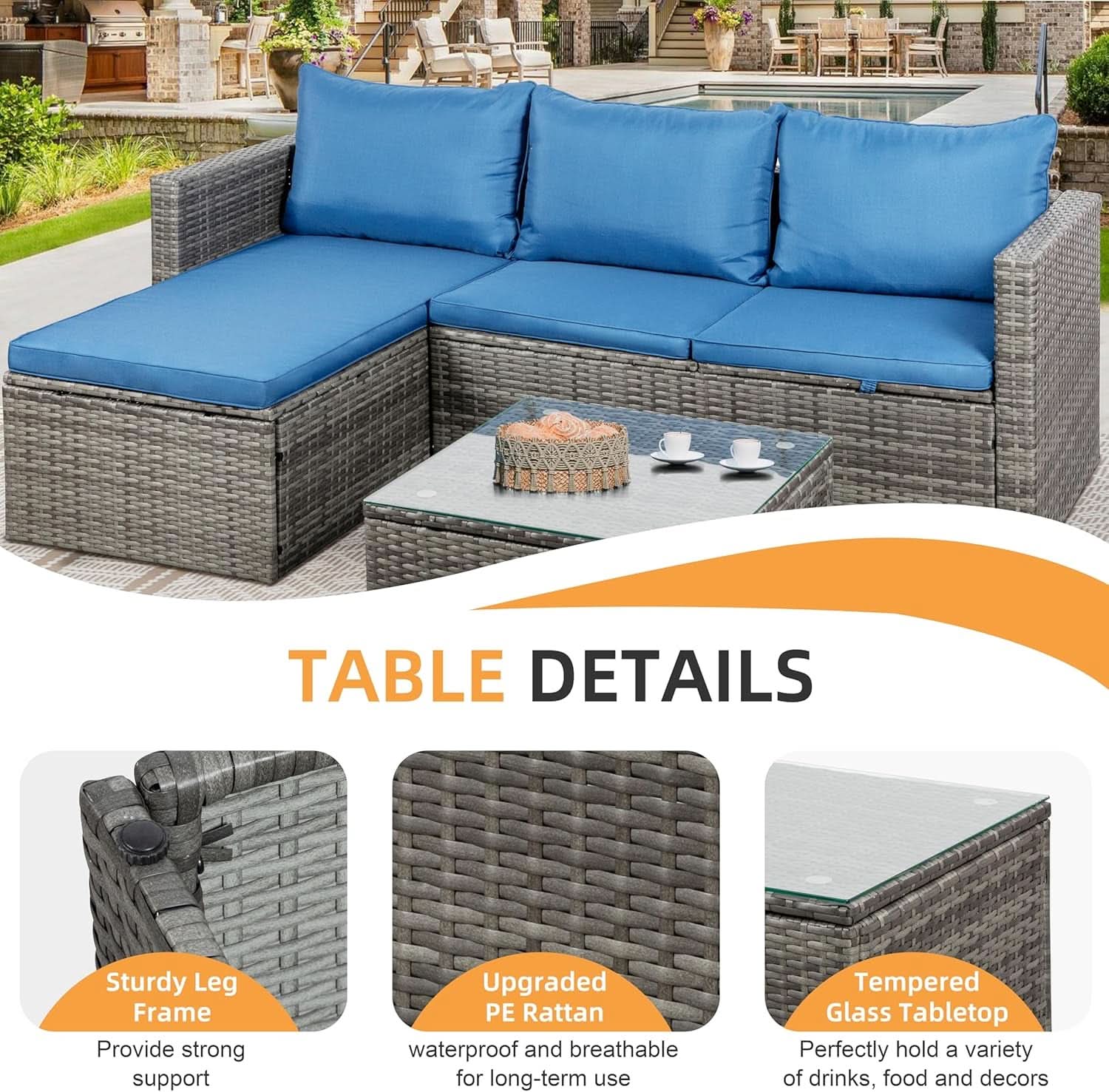 3-Piece Outdoor Wicker Sofa Set with Glass Table