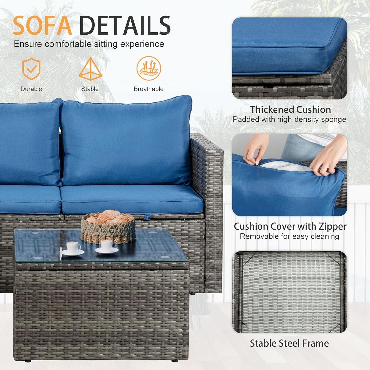 3-Piece Outdoor Wicker Sofa Set with Glass Table
