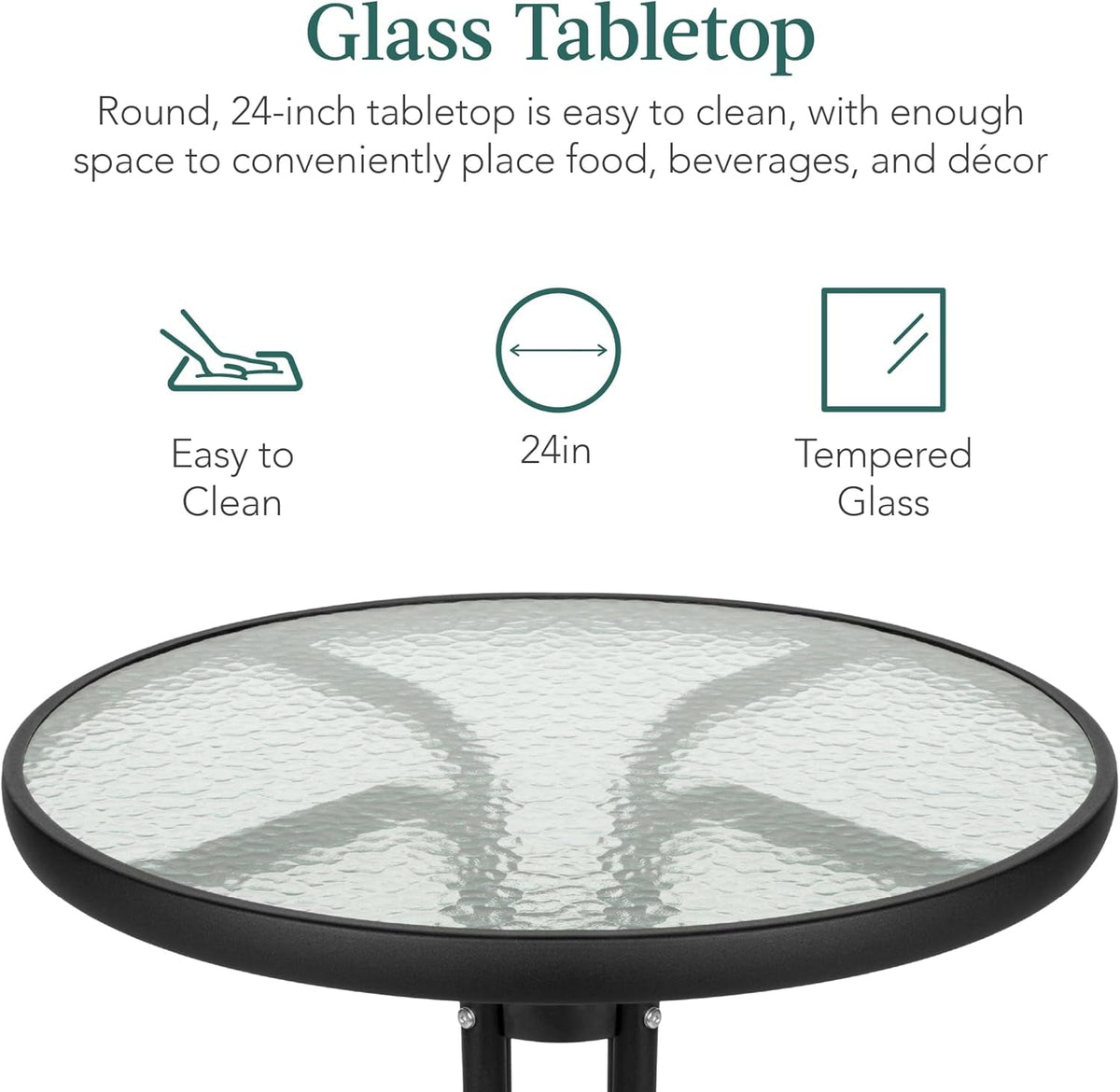 3 Piece Patio Bistro Dining Set Glass Tabletop Black