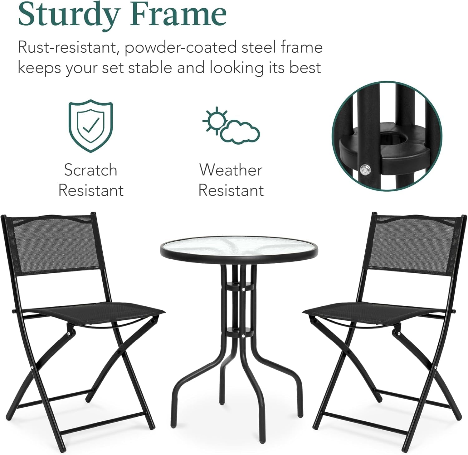 3 Piece Patio Bistro Dining Set Glass Tabletop Black