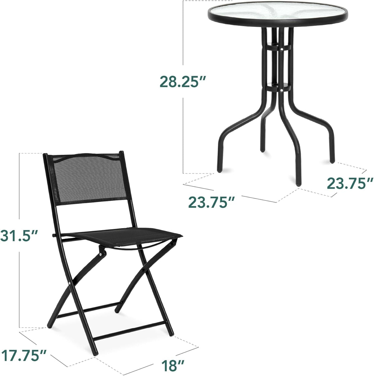 3 Piece Patio Bistro Dining Set Glass Tabletop Black