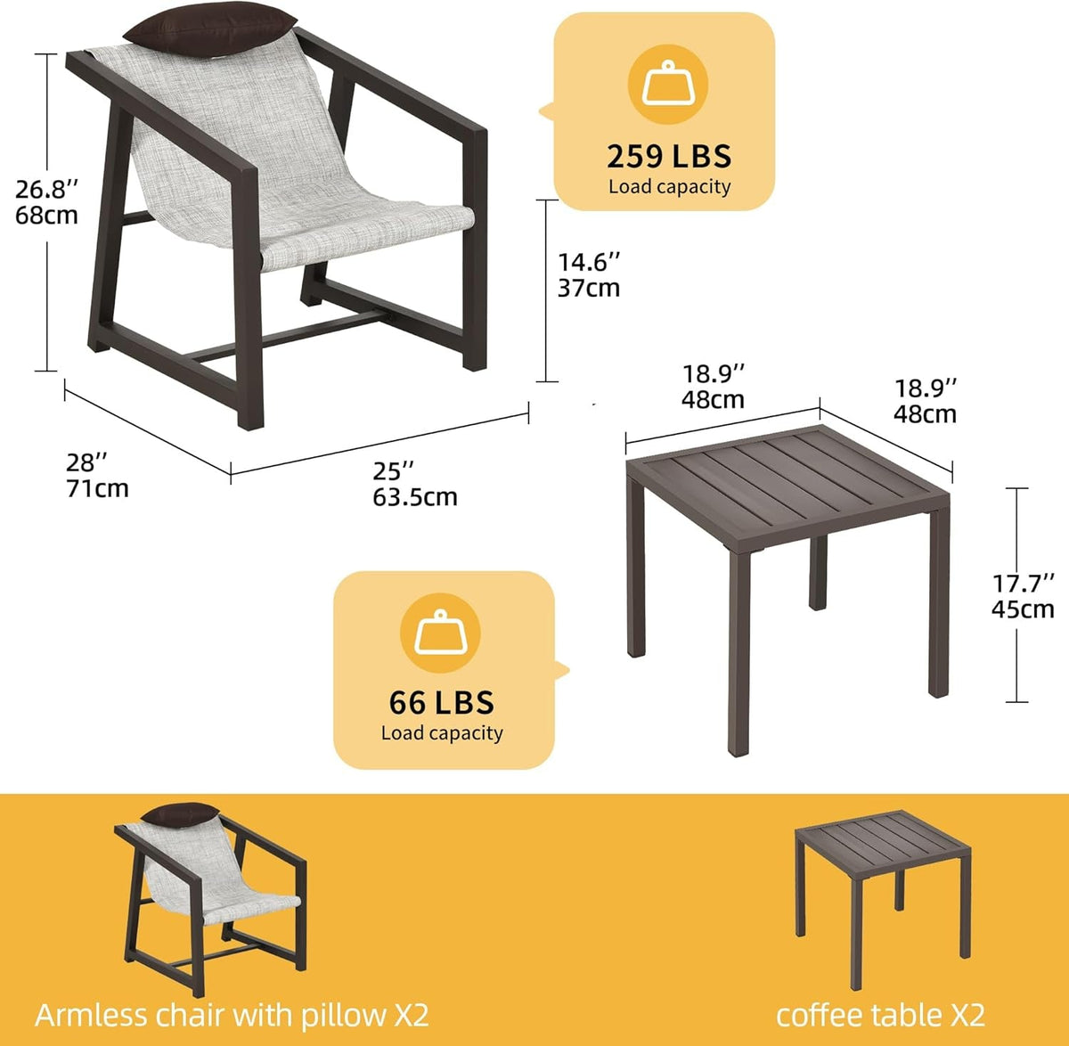 3 Piece Patio Conversation Set With Side Table And Headrest Pillows Outdoor Furniture