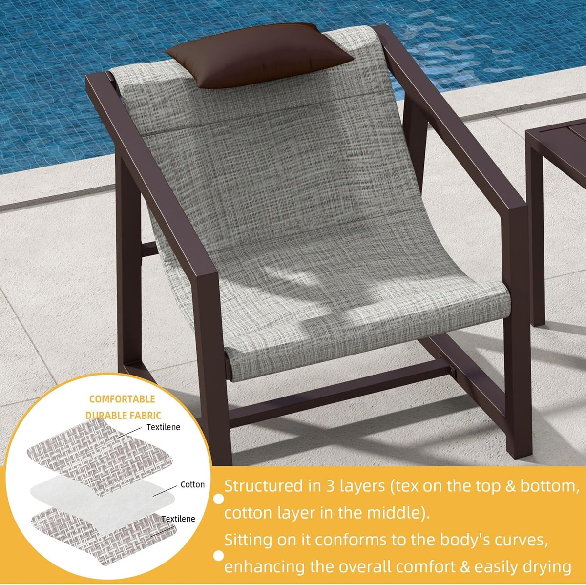 3 Piece Patio Conversation Set With Side Table And Headrest Pillows Outdoor Furniture