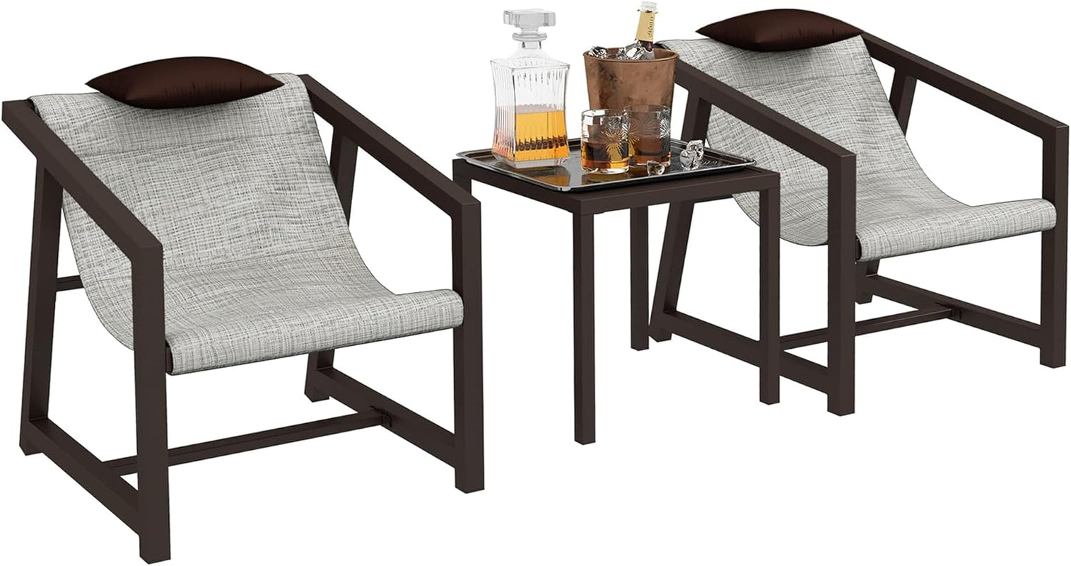 3 Piece Patio Conversation Set With Side Table And Headrest Pillows Outdoor Furniture