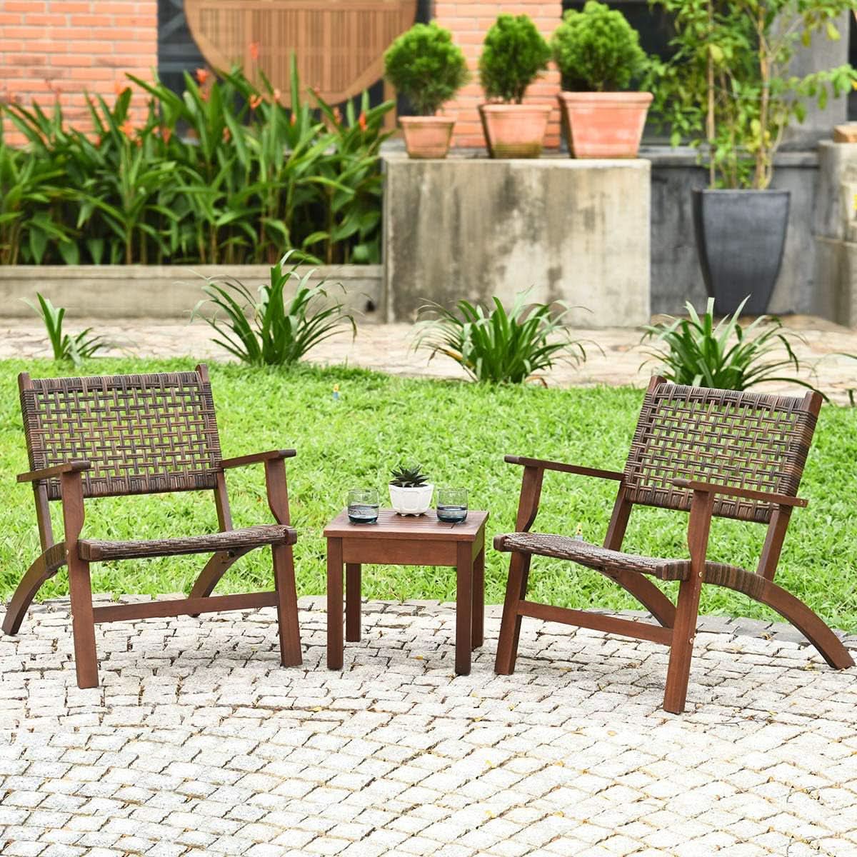 3 Piece Patio Conversation Set With Solid Eucalyptus Wood Frame And Brown Rattan Wicker
