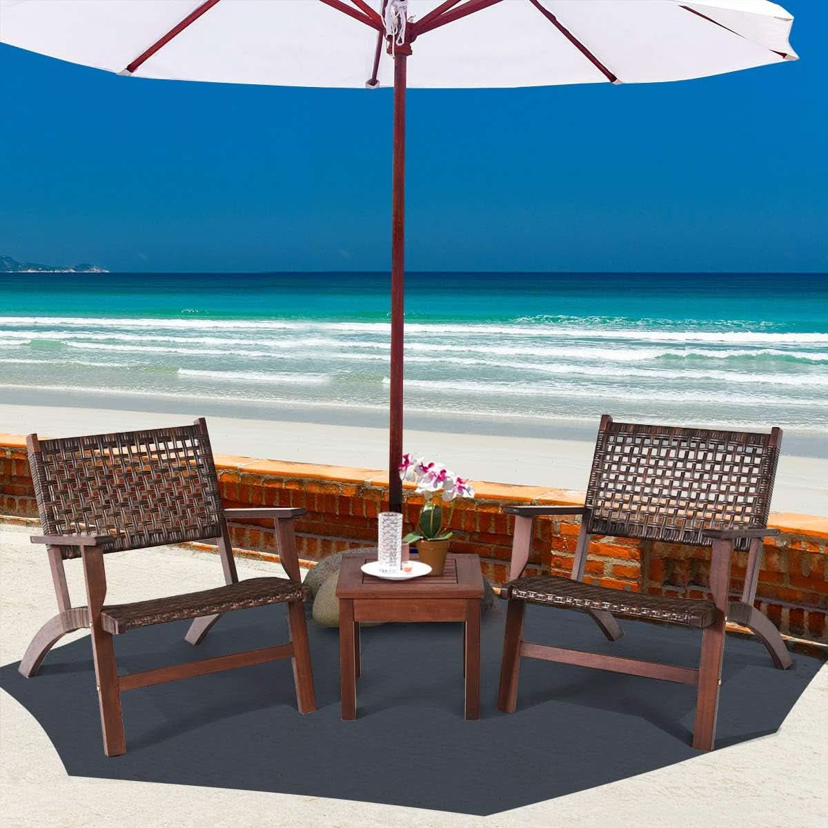 3 Piece Patio Conversation Set With Solid Eucalyptus Wood Frame And Brown Rattan Wicker