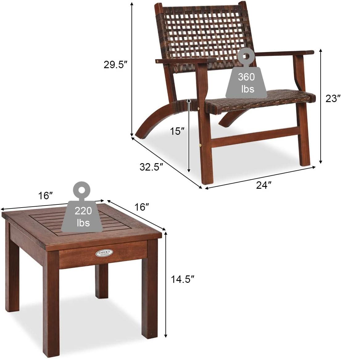 3 Piece Patio Conversation Set With Solid Eucalyptus Wood Frame And Brown Rattan Wicker