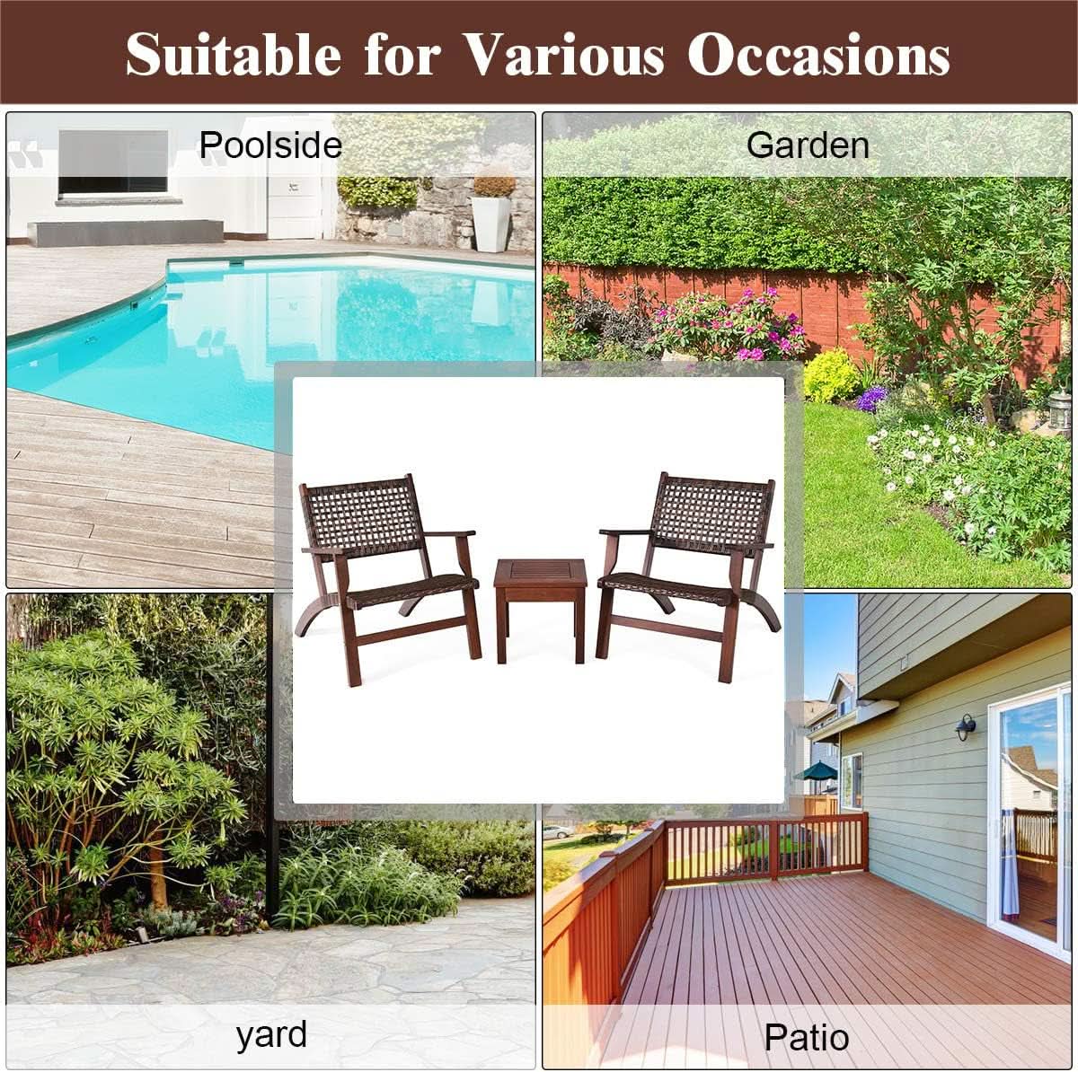 3 Piece Patio Conversation Set With Solid Eucalyptus Wood Frame And Brown Rattan Wicker