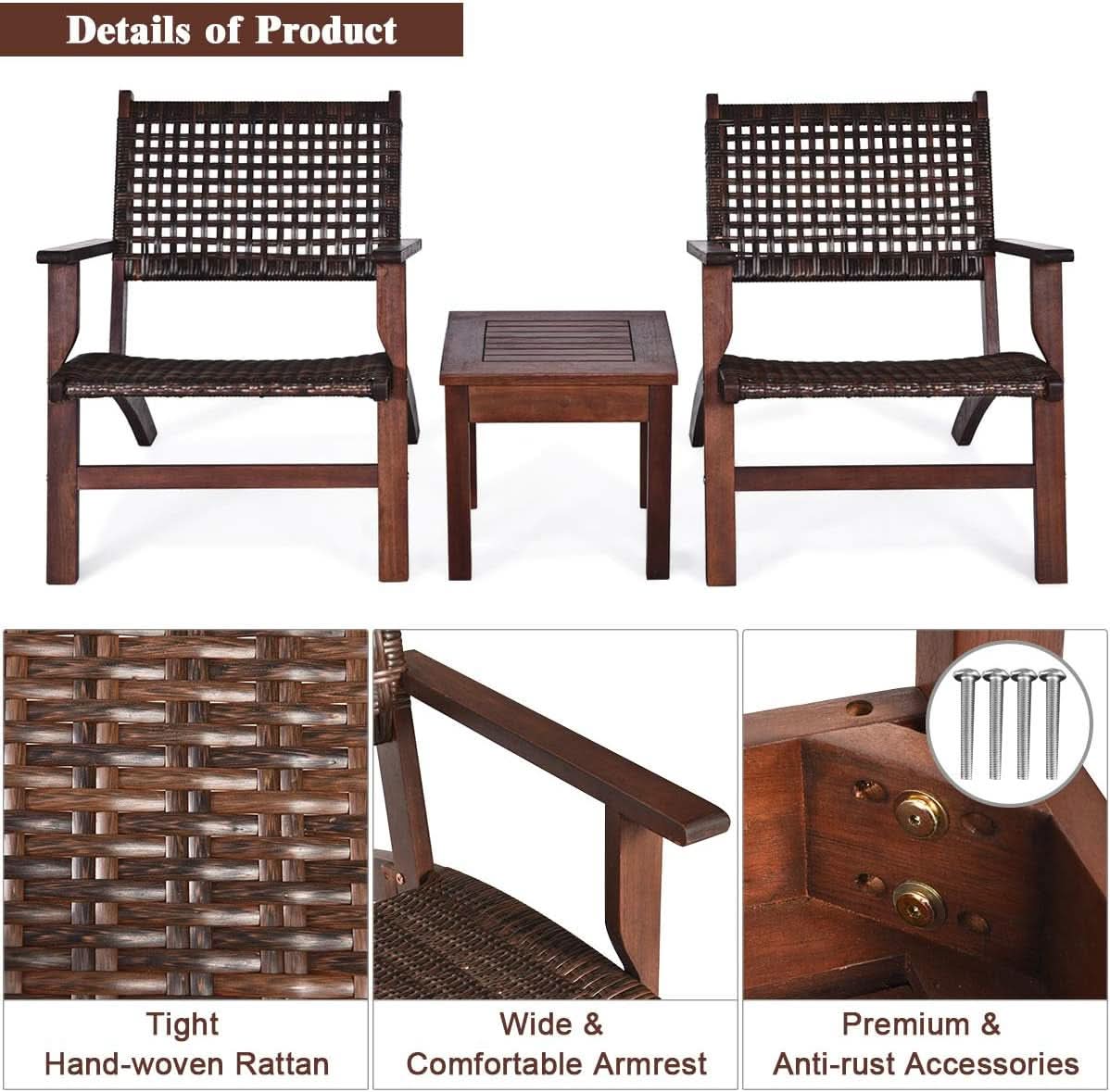 3 Piece Patio Conversation Set With Solid Eucalyptus Wood Frame And Brown Rattan Wicker
