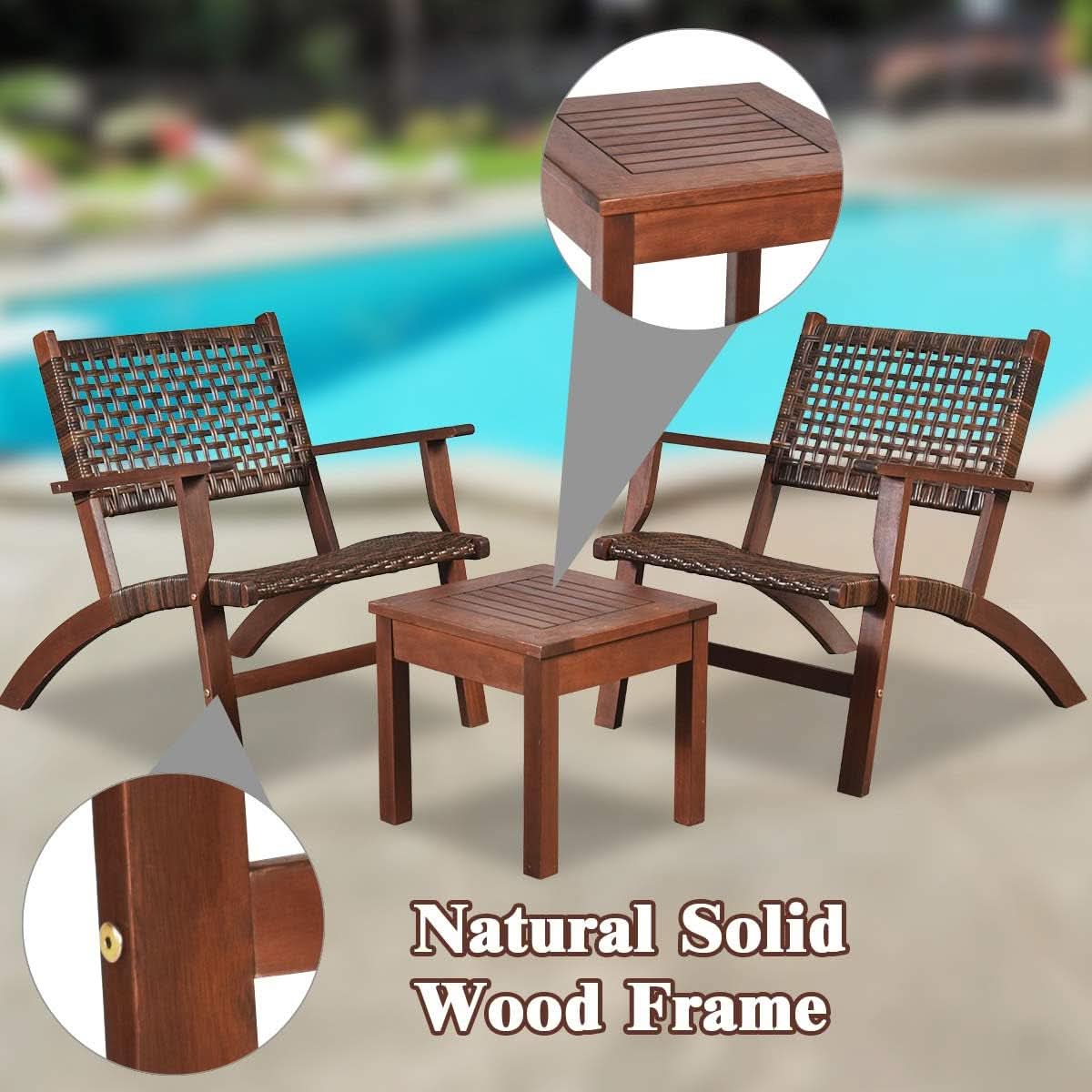 3 Piece Patio Conversation Set With Solid Eucalyptus Wood Frame And Brown Rattan Wicker