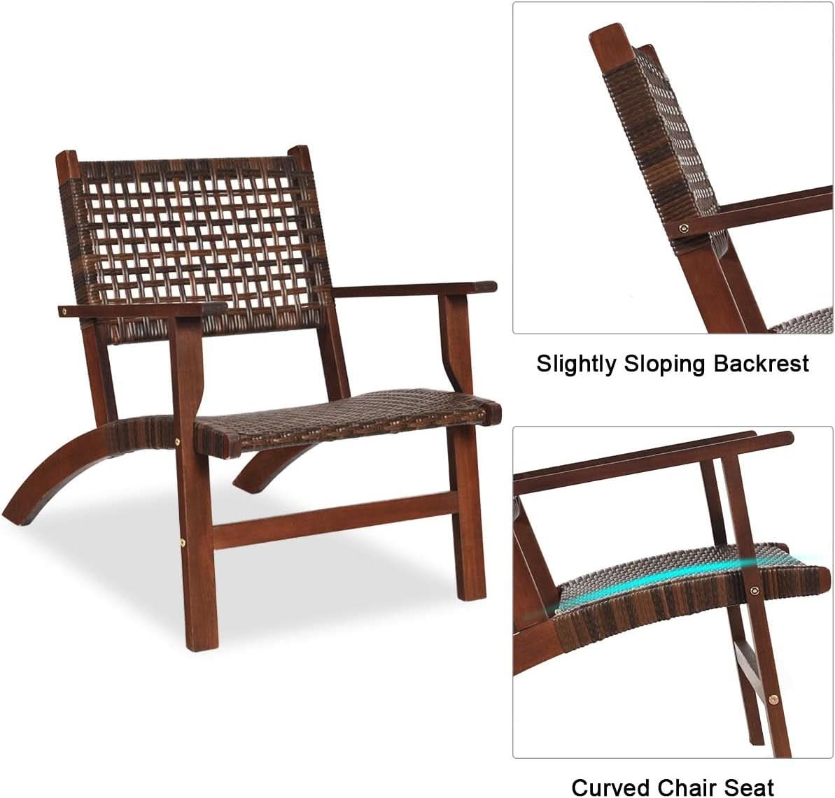 3 Piece Patio Conversation Set With Solid Eucalyptus Wood Frame And Brown Rattan Wicker