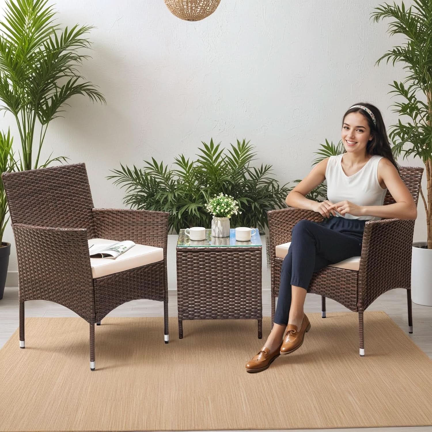 3 Piece Patio Dining PE Rattan Wicker Chair Set With Cushions And Glass Coffee Table Outdoor Brown Beige