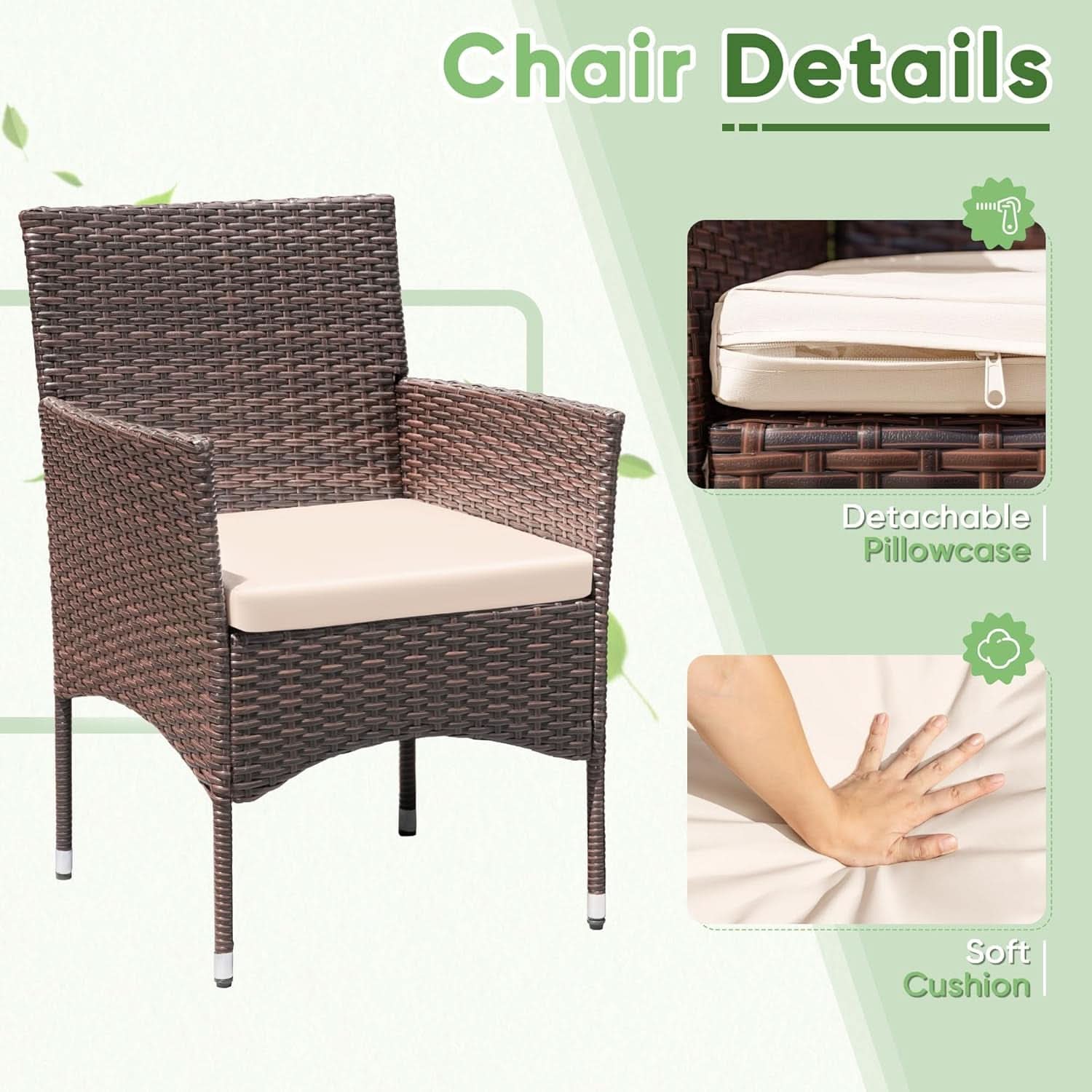3 Piece Patio Dining PE Rattan Wicker Chair Set With Cushions And Glass Coffee Table Outdoor Brown Beige