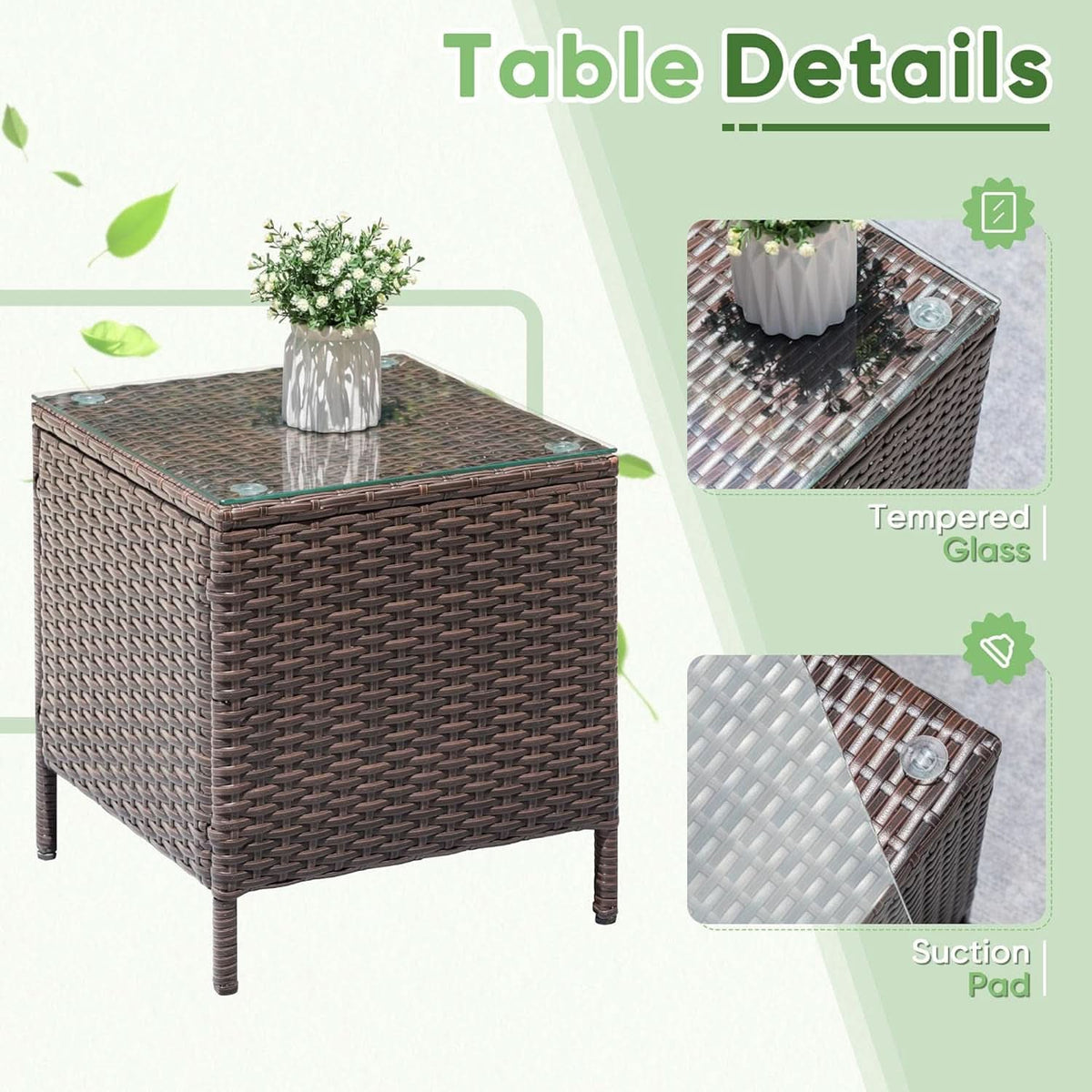 3 Piece Patio Dining PE Rattan Wicker Chair Set With Cushions And Glass Coffee Table Outdoor Brown Beige