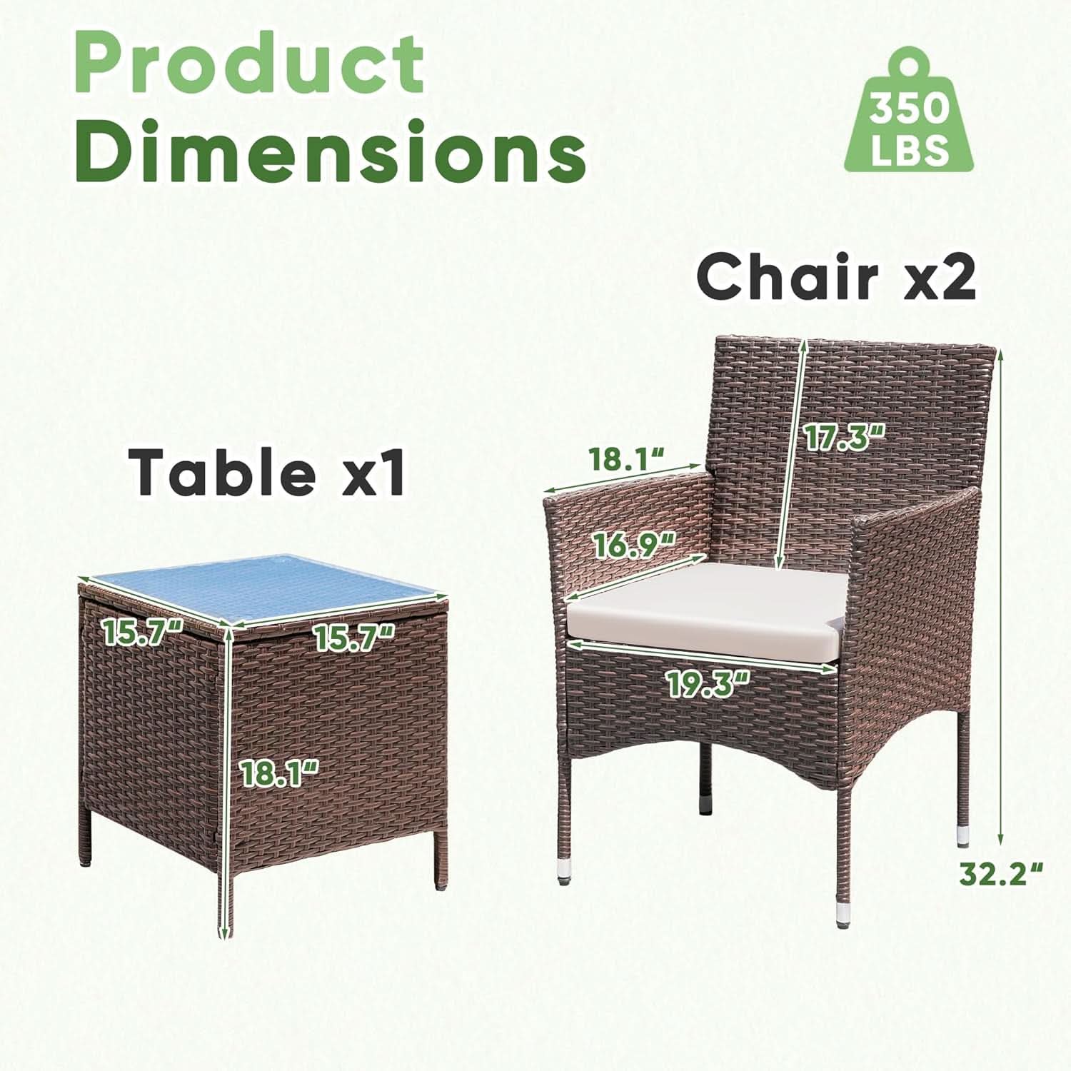3 Piece Patio Dining PE Rattan Wicker Chair Set With Cushions And Glass Coffee Table Outdoor Brown Beige