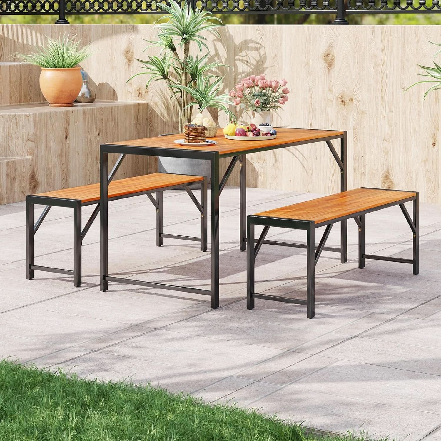 3 Piece Patio Dining Set For Six With 53 Inch Acacia Wood Table And Space Saving Benches