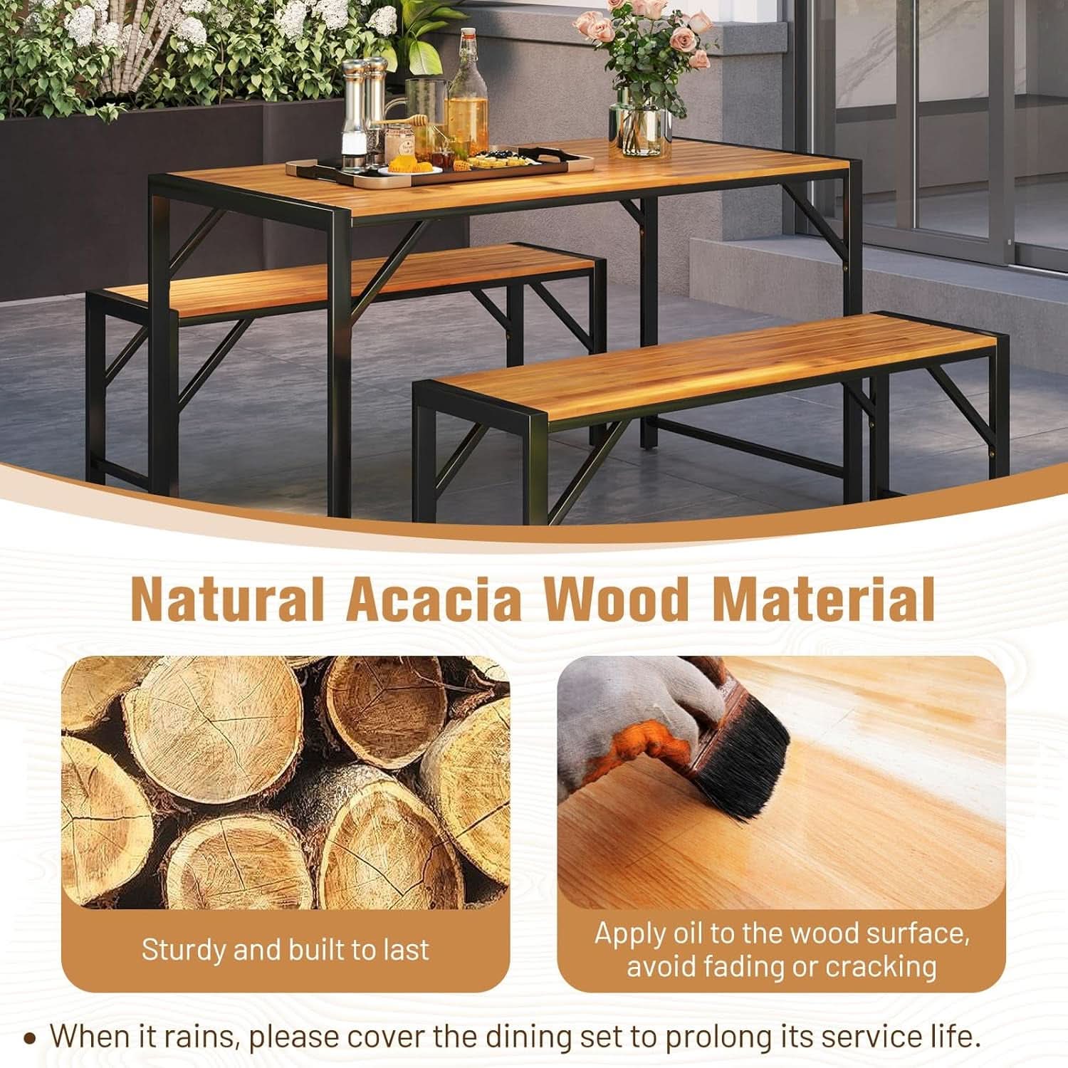 3 Piece Patio Dining Set For Six With 53 Inch Acacia Wood Table And Space Saving Benches
