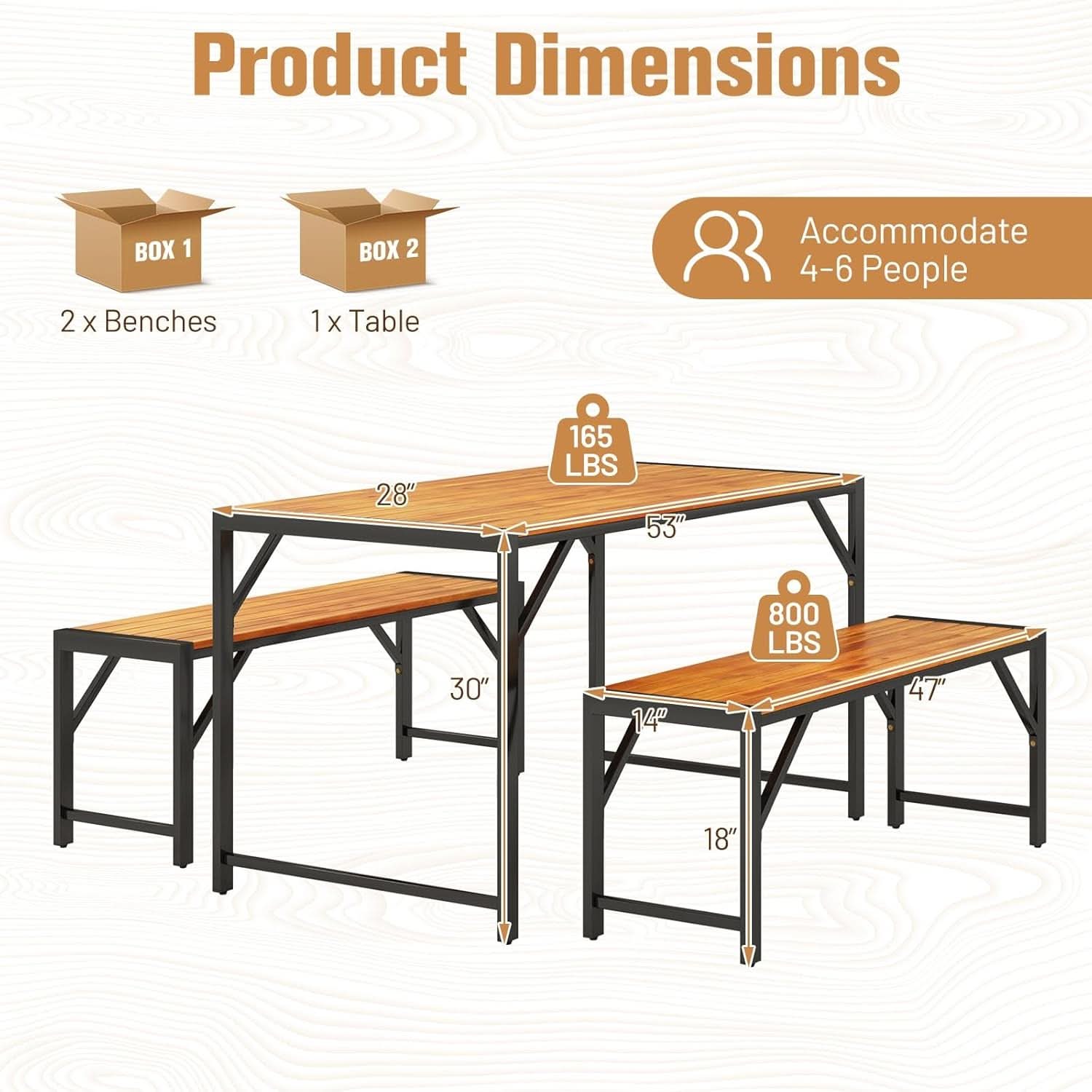 3 Piece Patio Dining Set For Six With 53 Inch Acacia Wood Table And Space Saving Benches