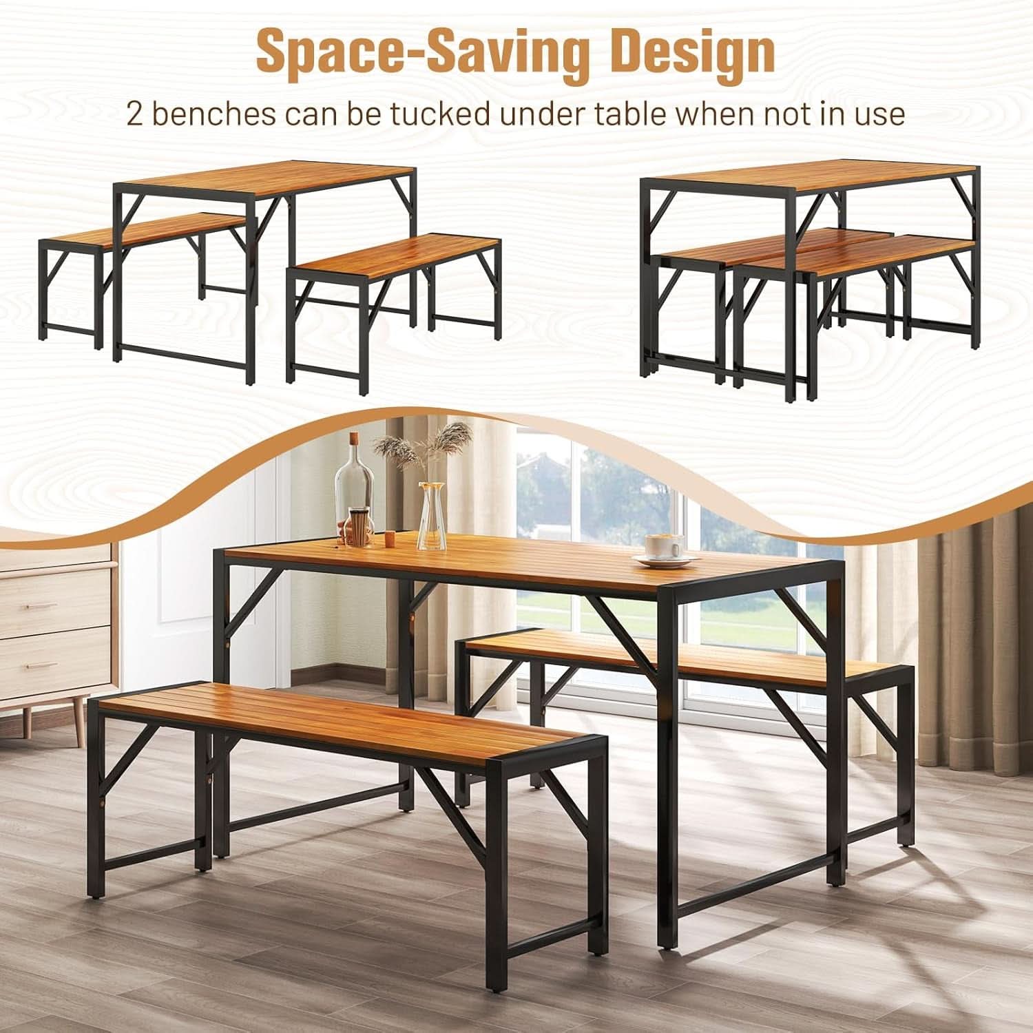 3 Piece Patio Dining Set For Six With 53 Inch Acacia Wood Table And Space Saving Benches