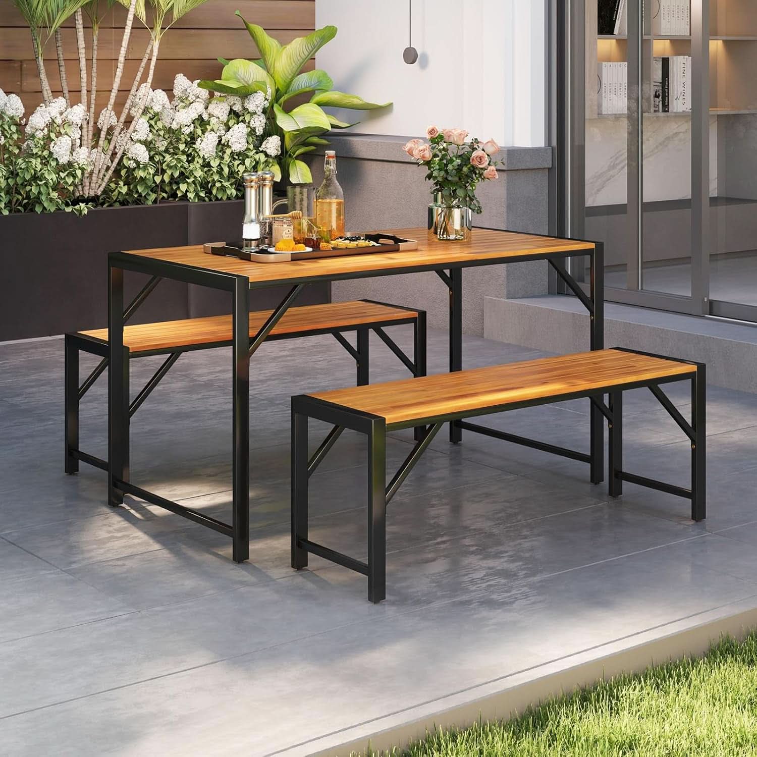 3 Piece Patio Dining Set For Six With 53 Inch Acacia Wood Table And Space Saving Benches