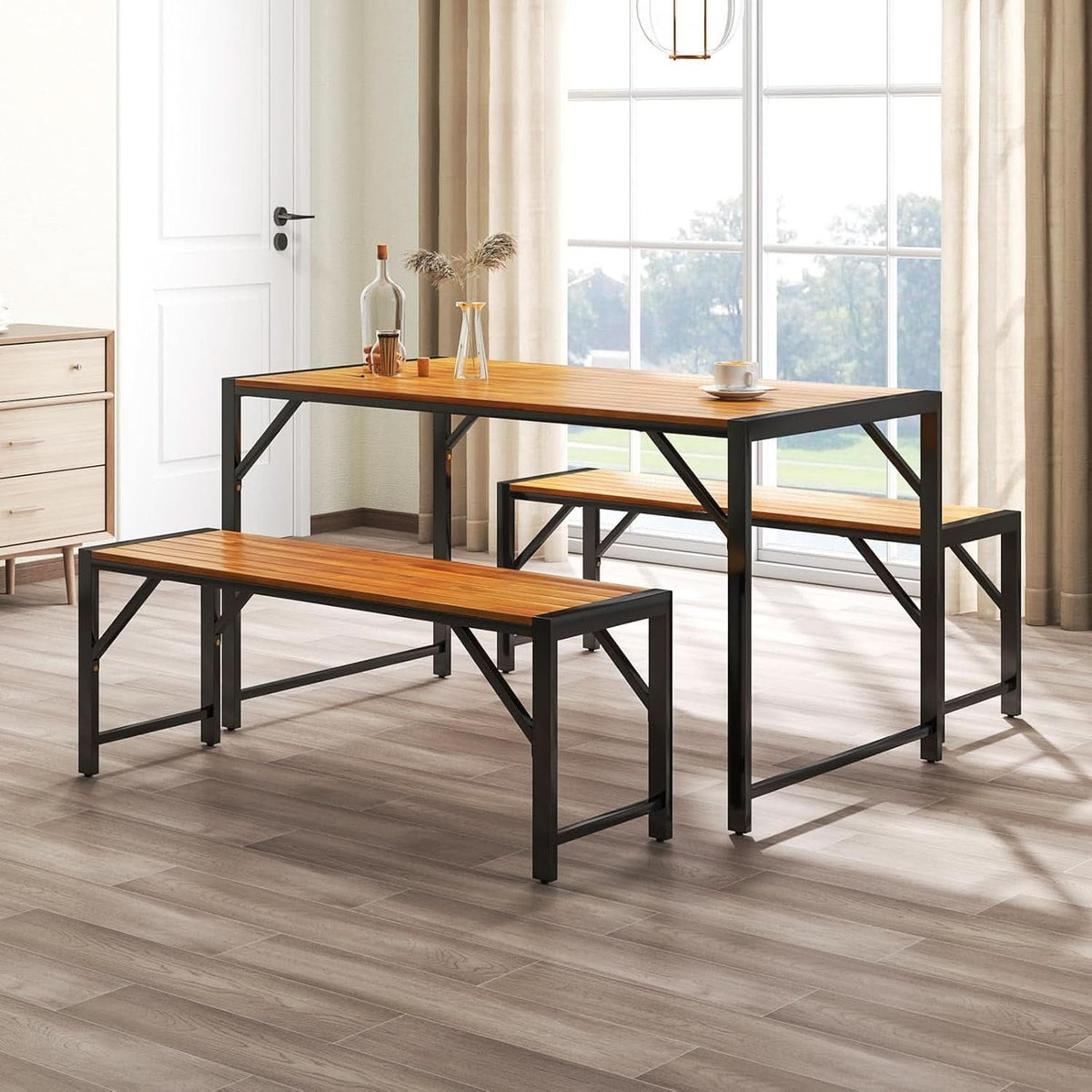 3 Piece Patio Dining Set For Six With 53 Inch Acacia Wood Table And Space Saving Benches