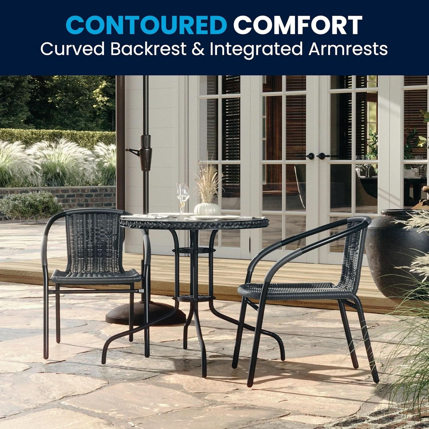 3-Piece Patio Dining Set With Round Glass Table And Stackable Rattan Chairs Gray
