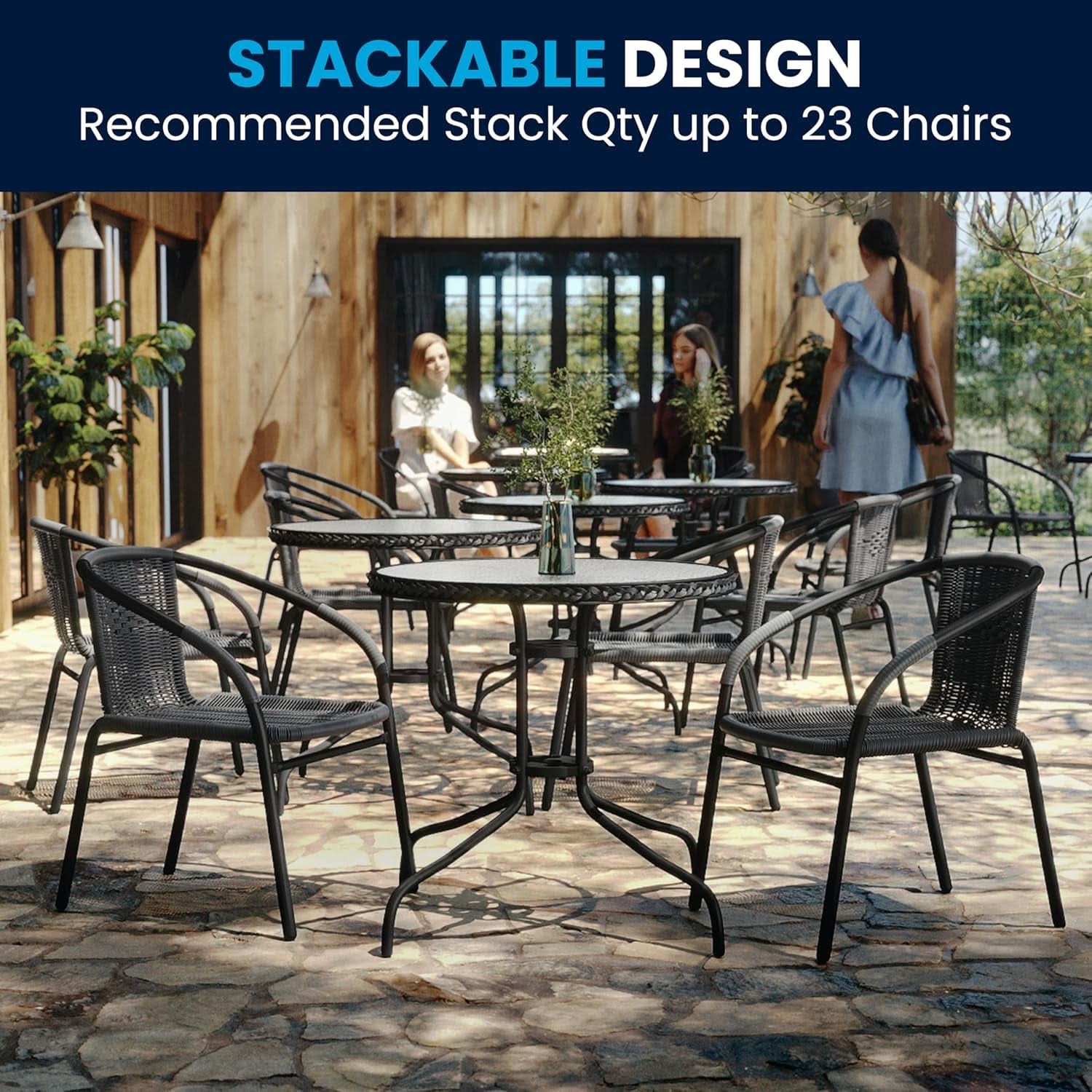 3-Piece Patio Dining Set With Round Glass Table And Stackable Rattan Chairs Gray