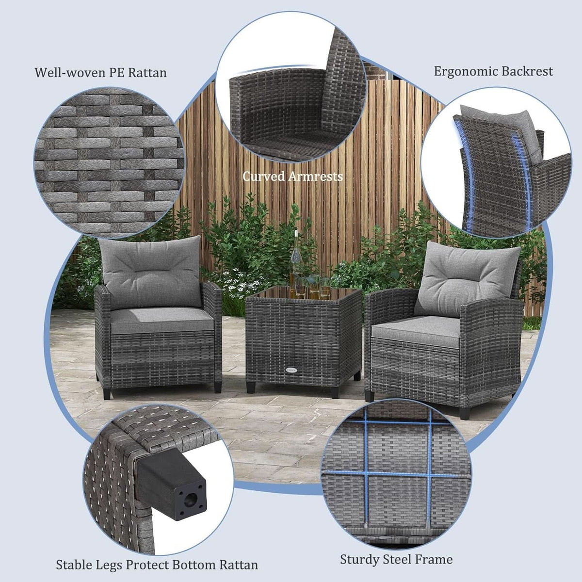 3 Piece Patio Furniture Set Outdoor PE Rattan Conversation Set With Washable Cushions And Tempered Glass Table Grey