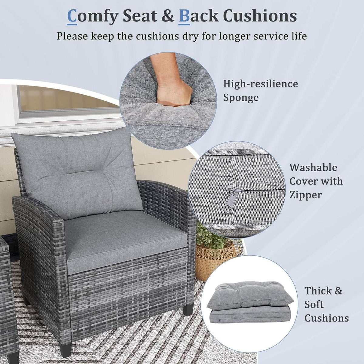 3 Piece Patio Furniture Set Outdoor PE Rattan Conversation Set With Washable Cushions And Tempered Glass Table Grey