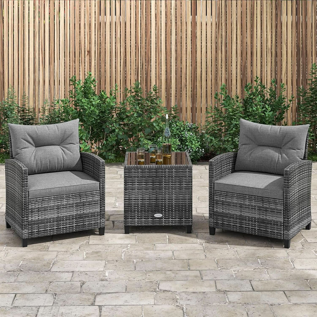 3 Piece Patio Furniture Set Outdoor PE Rattan Conversation Set With Washable Cushions And Tempered Glass Table Grey