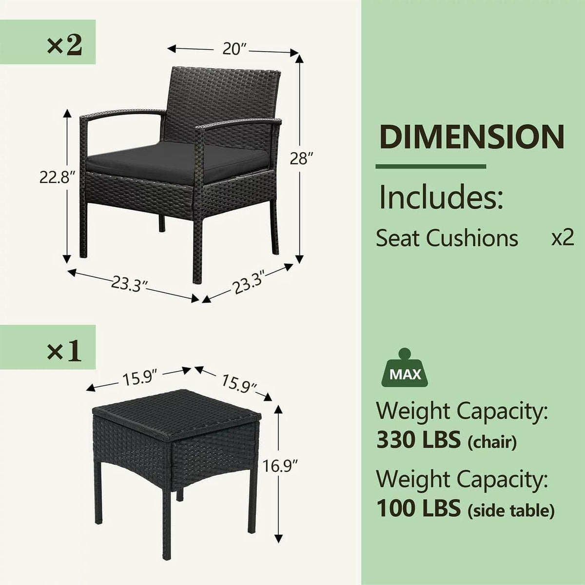 3 Piece Patio Rattan Conversation Chairs Set Outdoor Furniture Black Wicker For Garden Balcony Porch Yard