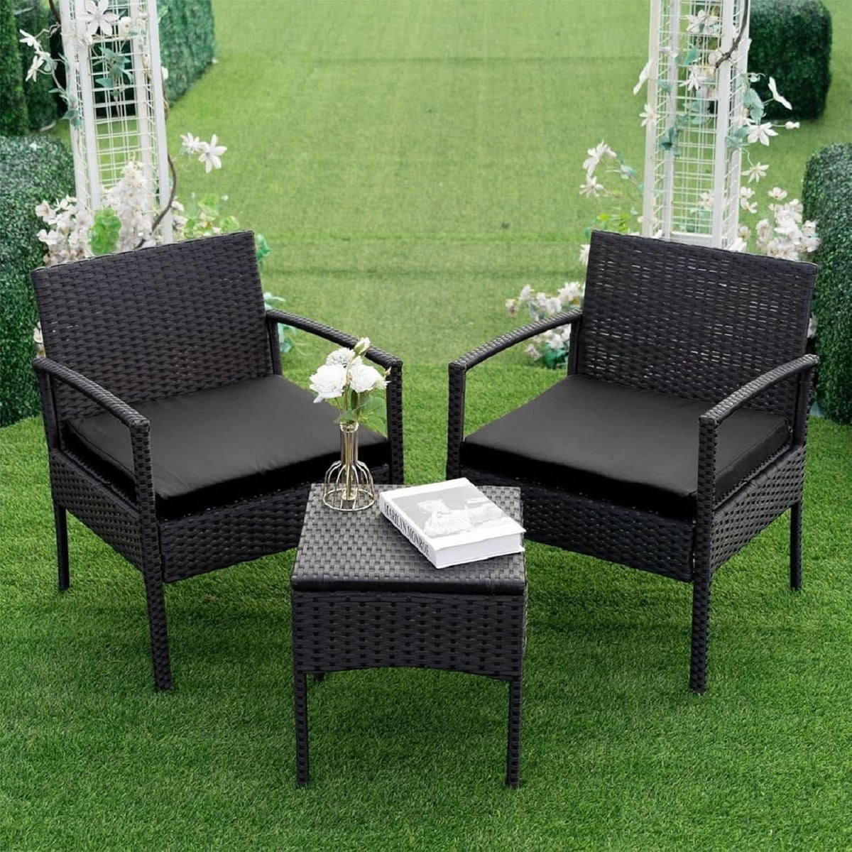 3 Piece Patio Rattan Conversation Chairs Set Outdoor Furniture Black Wicker For Garden Balcony Porch Yard