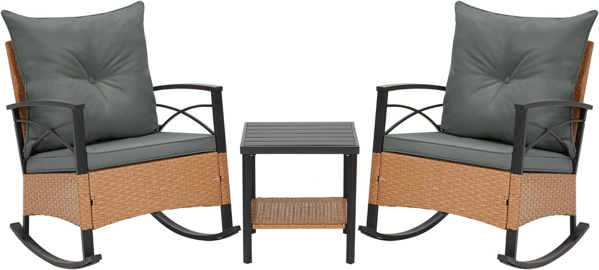 3 Piece Patio Rocking Chairs Set With Coffee Table Grey
