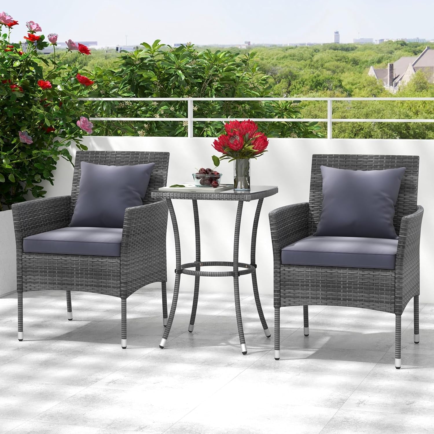 3 Piece Patio Set With Glass Table And Cushioned Chairs